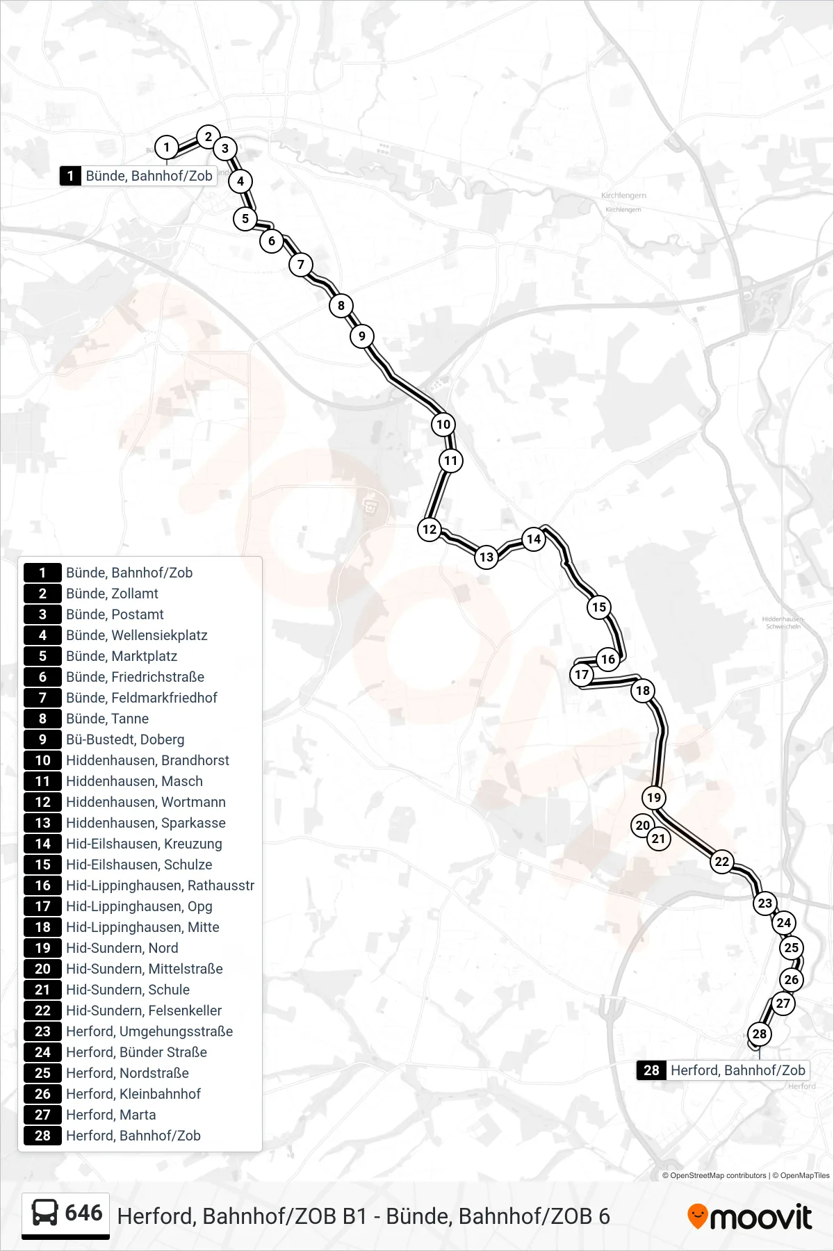 646 bus Line (Herford, Bahnhof/Zob B1) route and stops on a map
