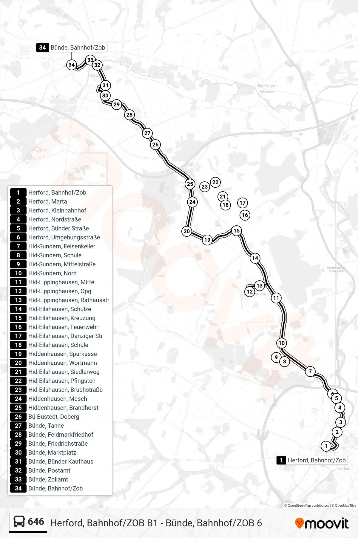 646 bus Line (Bünde, Bahnhof/Zob 6) route and stops on a map