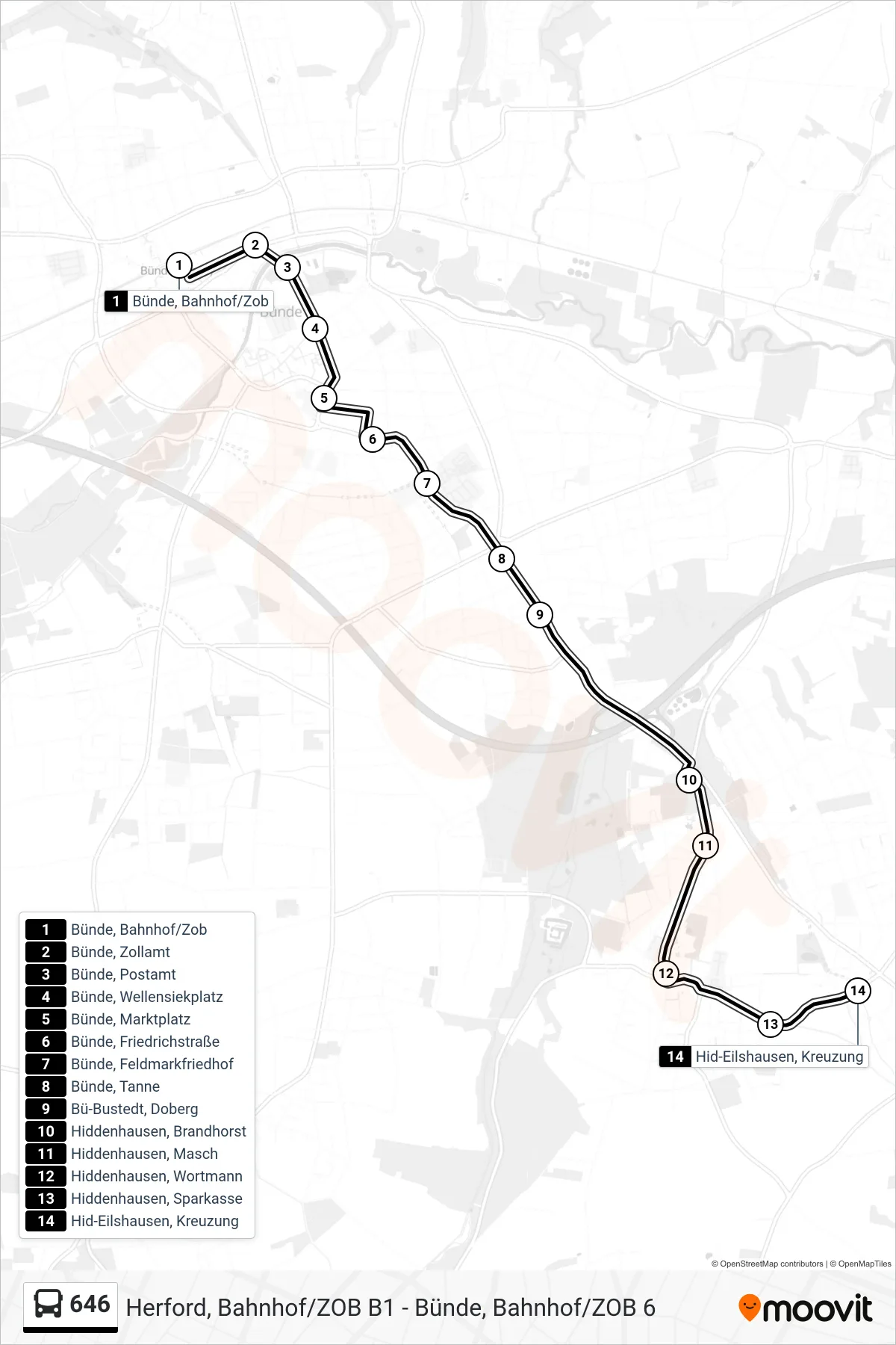 Linie 646 (Bus) Richtung Hid-Eilshausen, Kreuzung: Route und Haltestellen auf der Karte