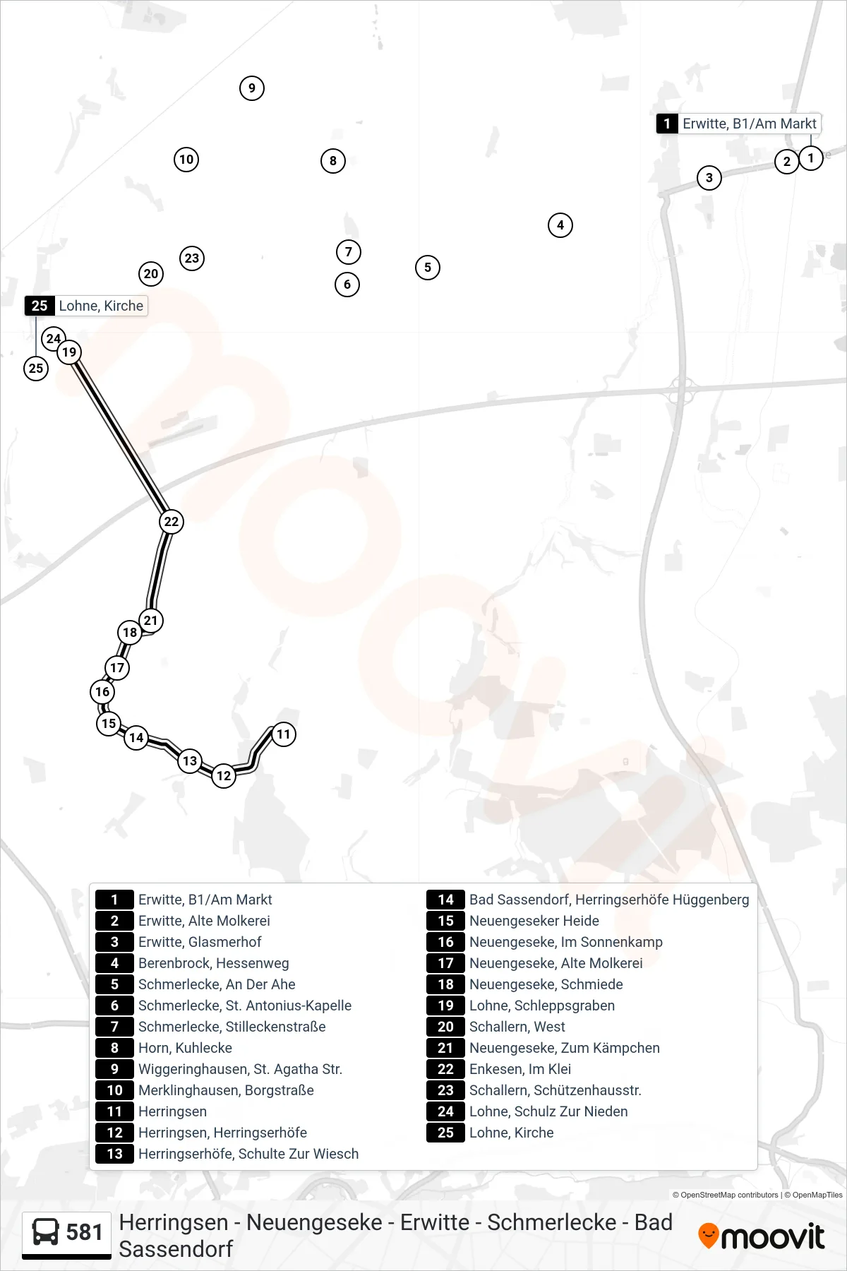 581 bus Line (Bad Sassendorf) route and stops on a map