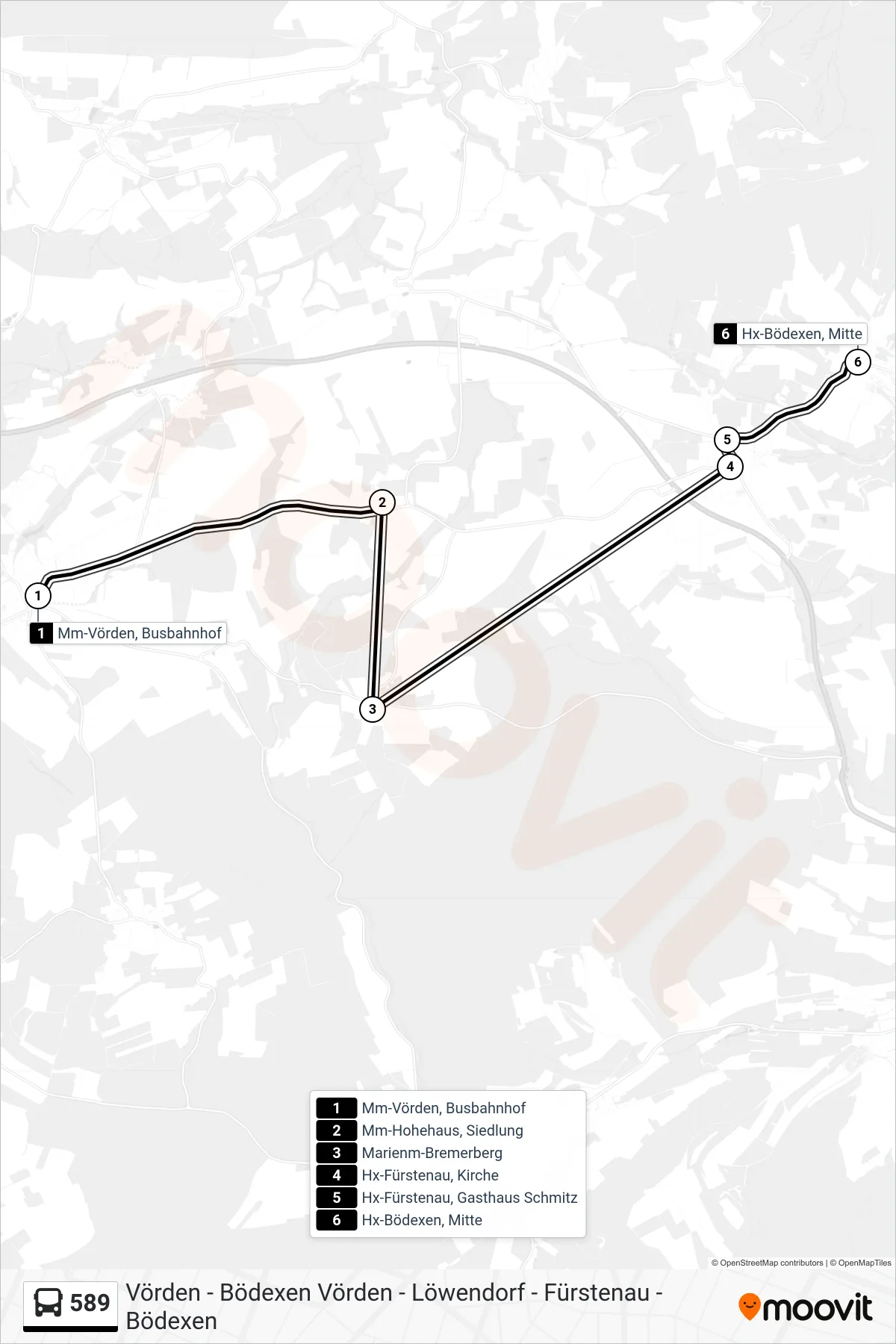 Linie 589 (Bus) Richtung Hx-Bödexen, Mitte: Route und Haltestellen auf der Karte