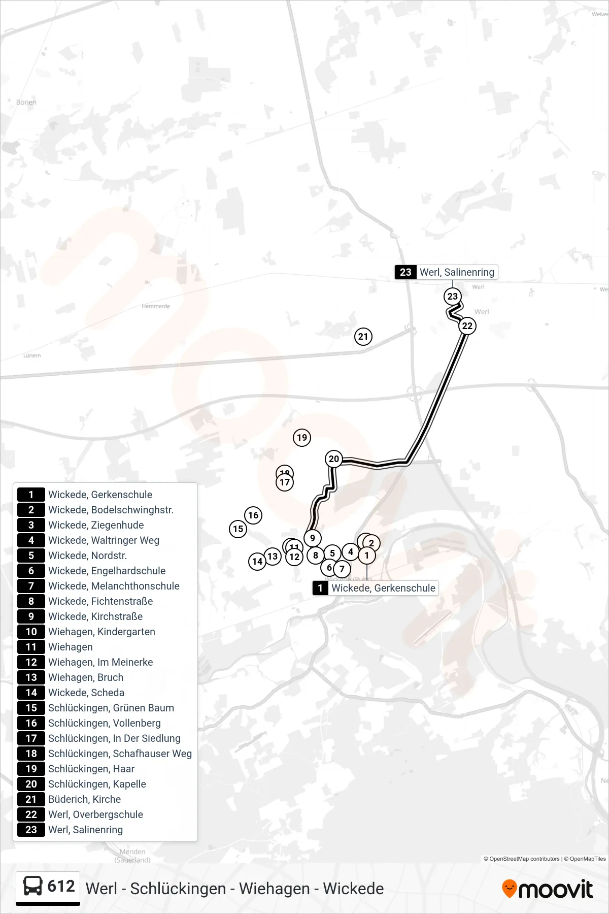 612 bus Line (Werl, Salinenring) route and stops on a map