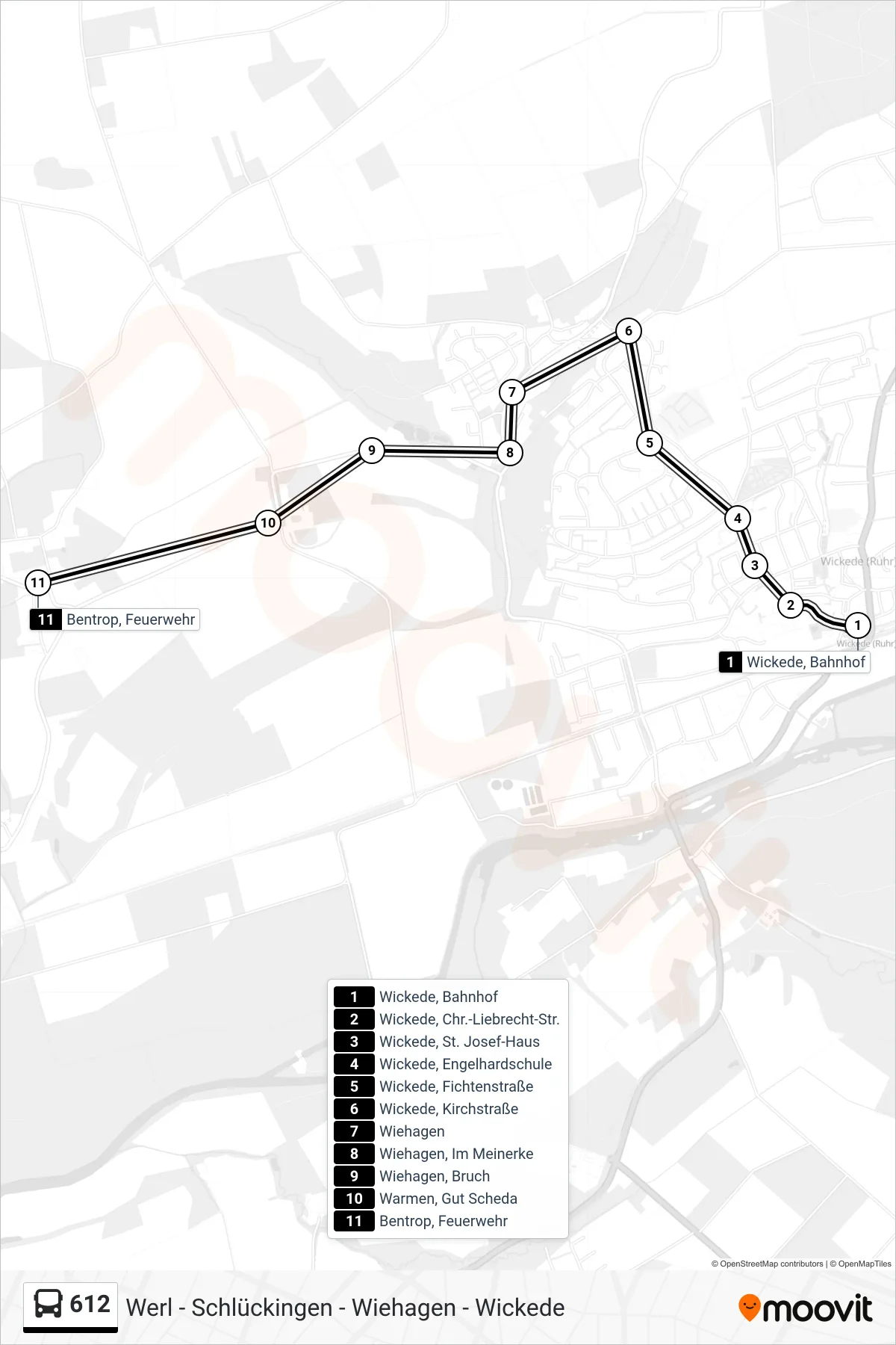 612 bus Line (Bentrop, Feuerwehr) route and stops on a map