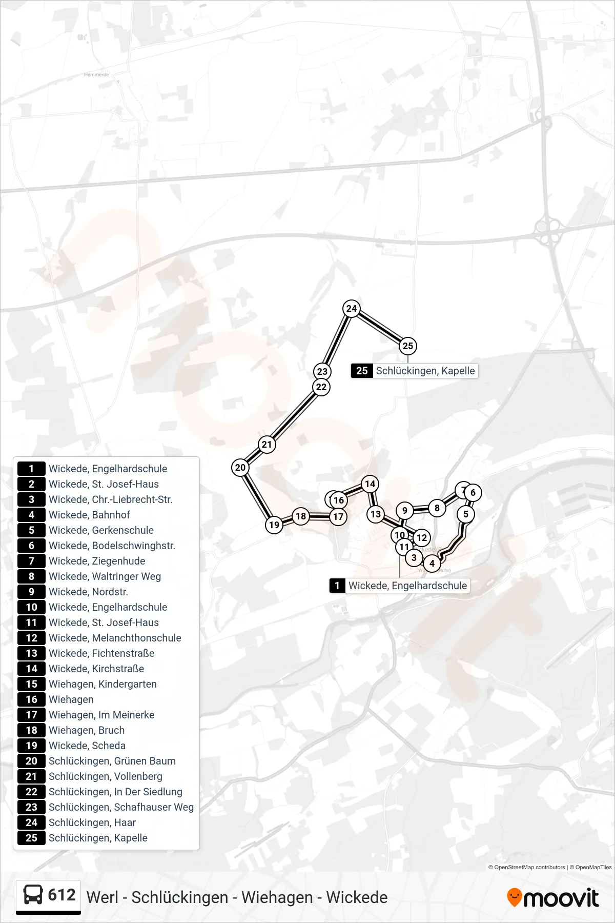 612 bus Line (Schlückingen, Kapelle) route and stops on a map
