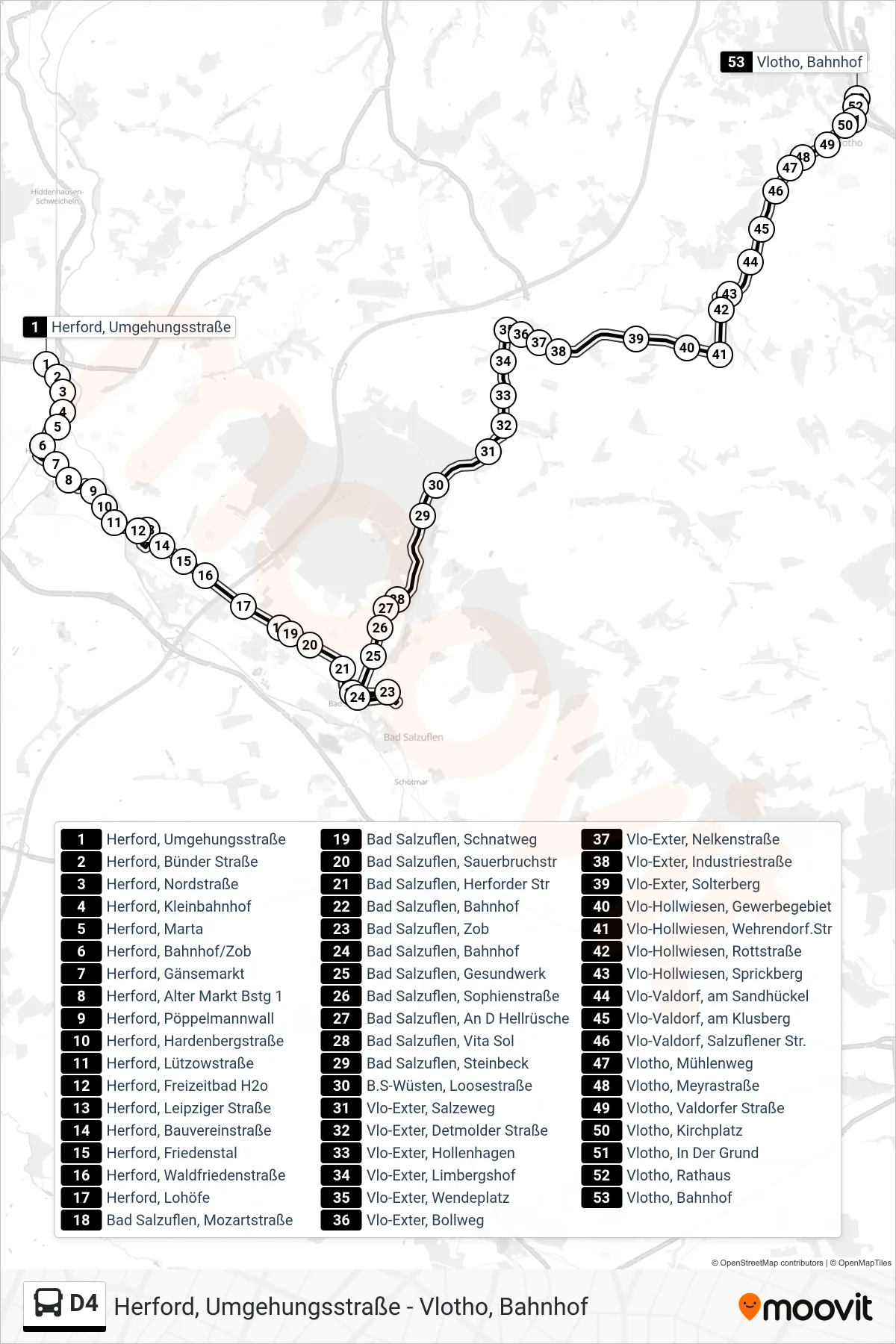 D4 bus Line (Vlotho, Bahnhof) route and stops on a map
