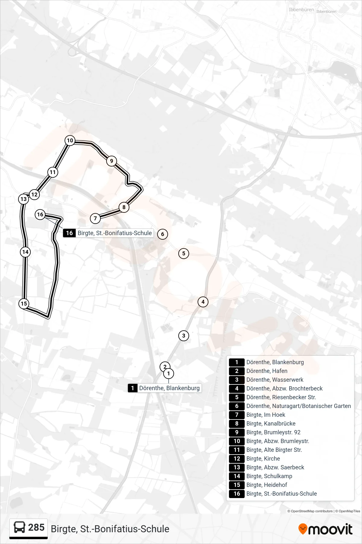 285 bus Line (Birgte, St.-Bonifatius-Schule) route and stops on a map