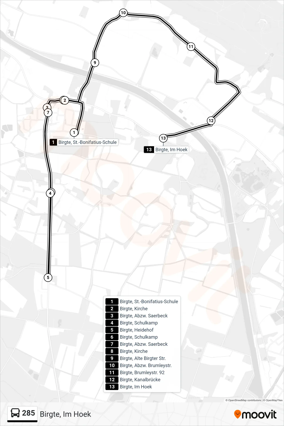 285 bus Line (Birgte, Im Hoek) route and stops on a map