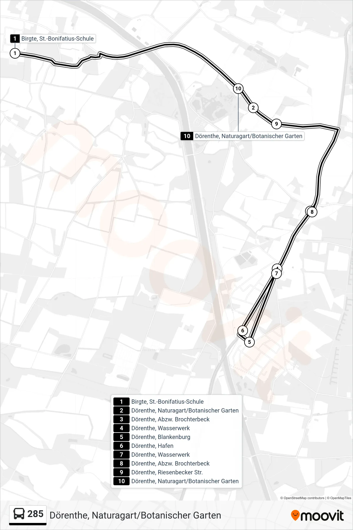 Linie 285 (Bus) Richtung Dörenthe, Naturagart/Botanischer Garten: Route und Haltestellen auf der Karte