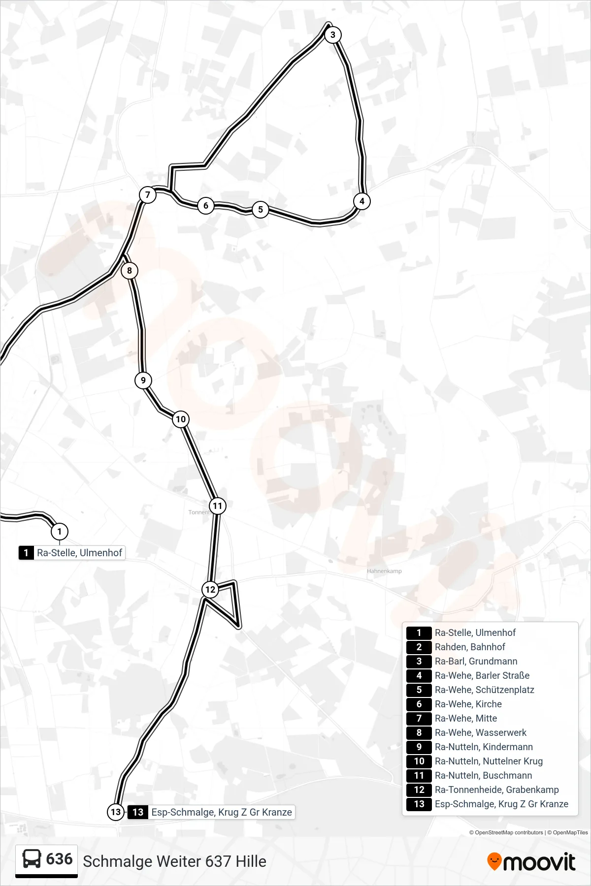 636 bus Line (Schmalge Weiter 637 Hille) route and stops on a map