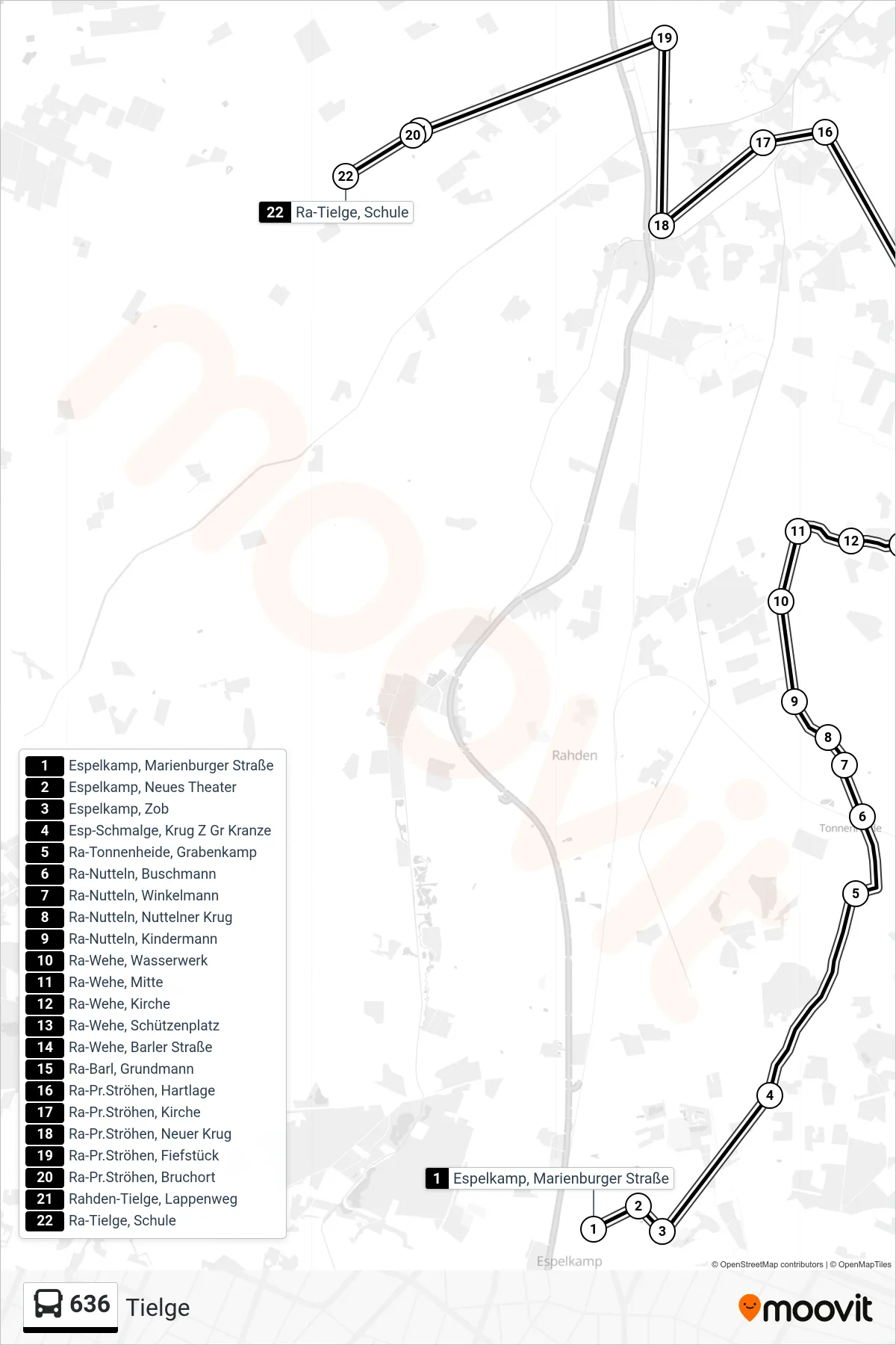 636 bus Line (Tielge) route and stops on a map