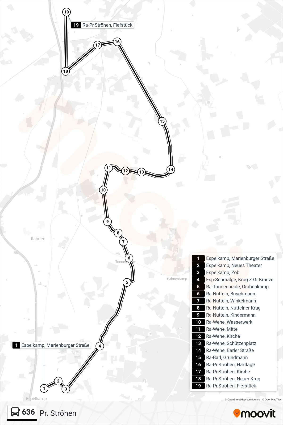 Linie 636 (Bus) Richtung Pr. Ströhen: Route und Haltestellen auf der Karte