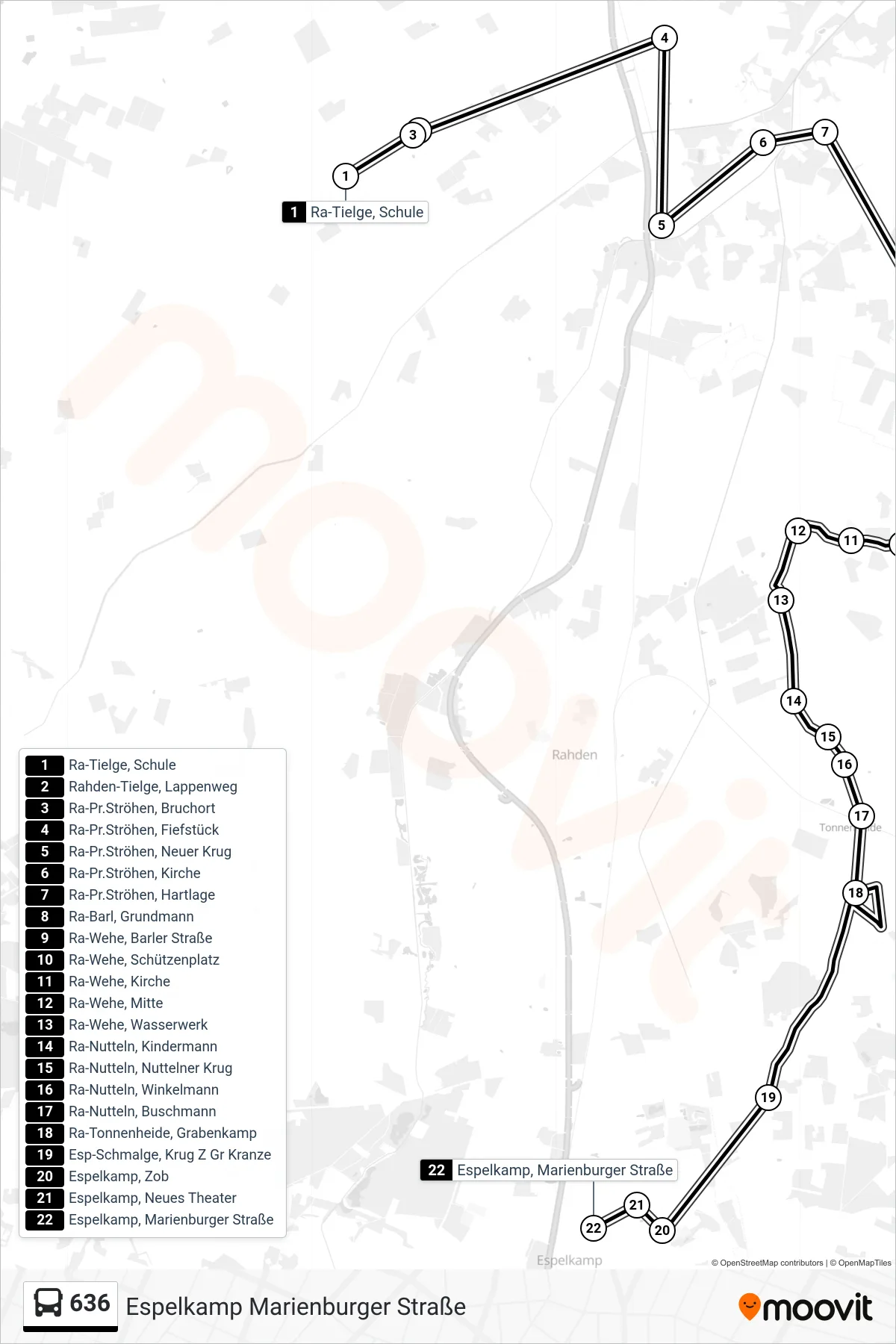 636 bus Line (Espelkamp Marienburger Straße) route and stops on a map