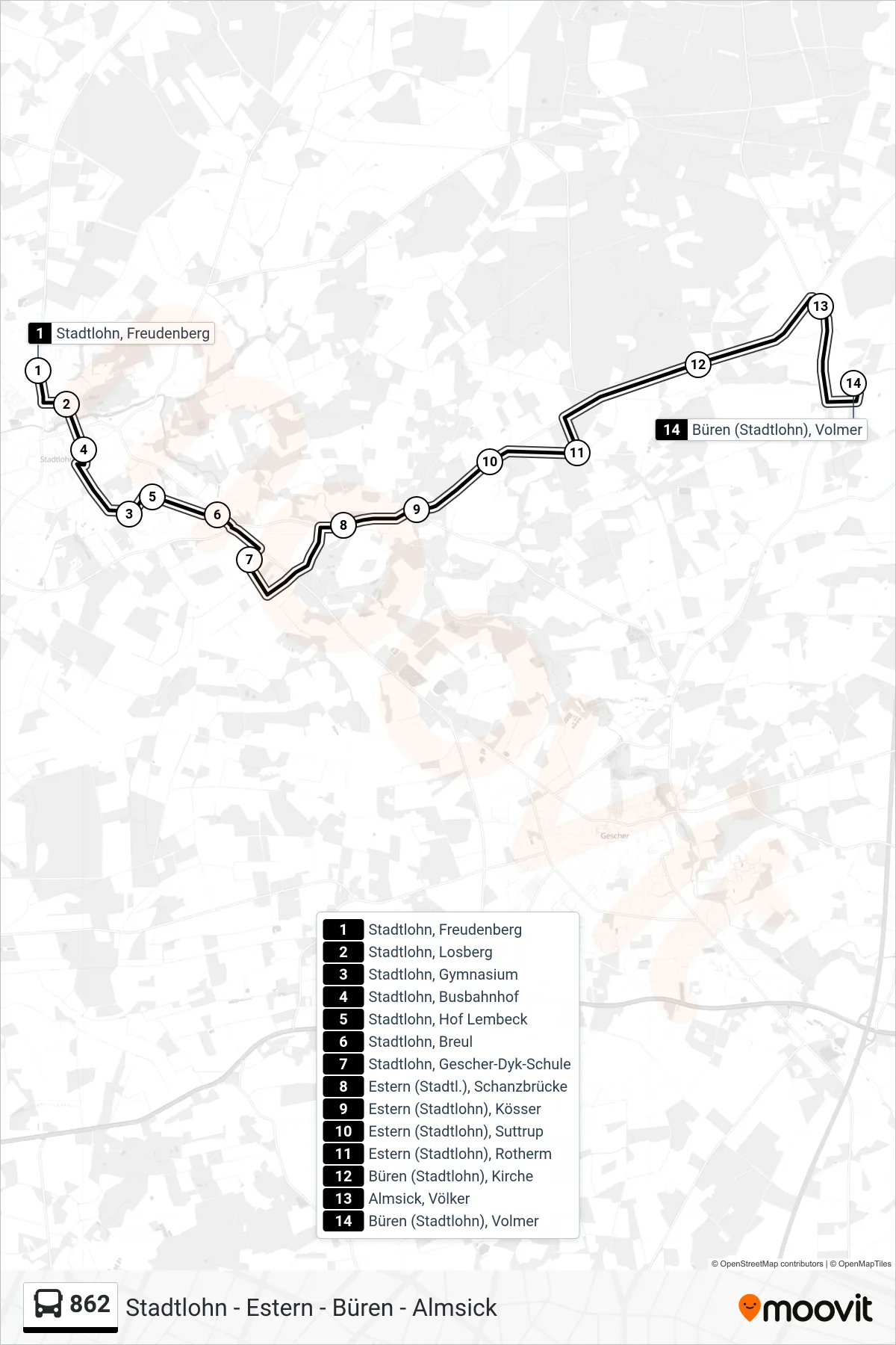 Linie 862 (Bus) Richtung Büren (Stadtlohn), Volmer: Route und Haltestellen auf der Karte