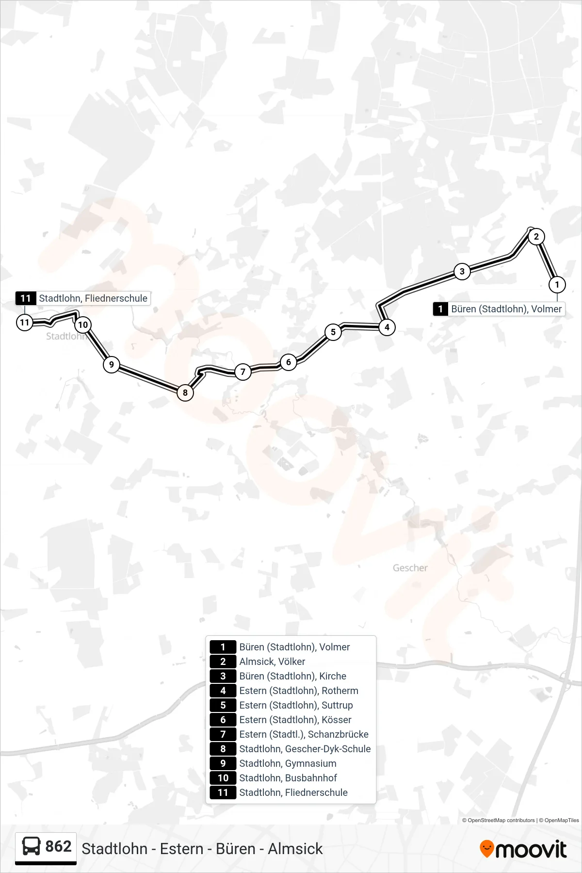 Linie 862 (Bus) Richtung Stadtlohn, Fliednerschule: Route und Haltestellen auf der Karte