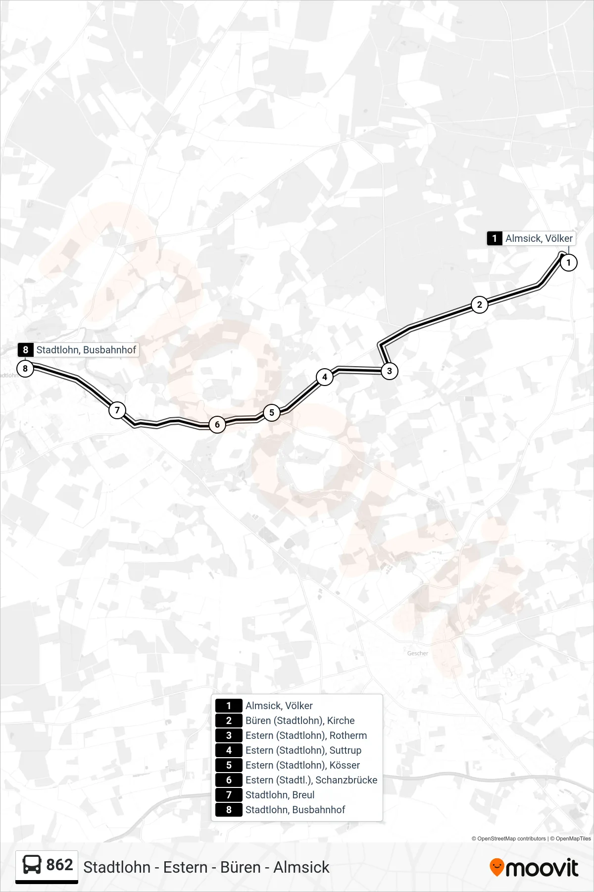862 bus Line (Stadtlohn, Busbahnhof Bstg A1) route and stops on a map
