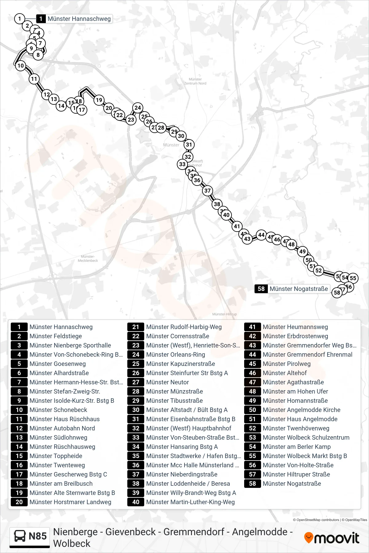 N85 bus Line (Wolbeck Nogatstraße) route and stops on a map
