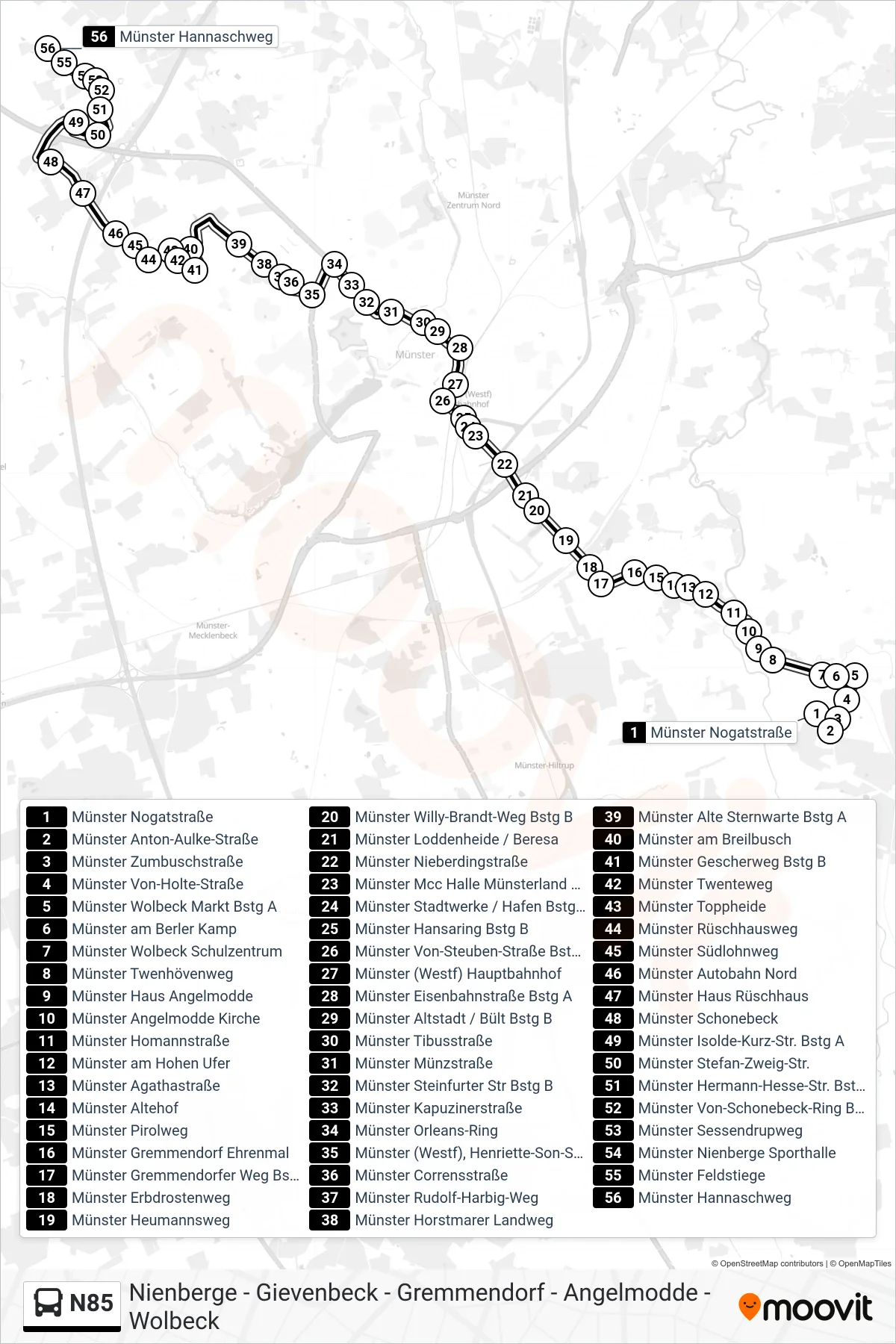 N85 bus Line (Nienberge) route and stops on a map