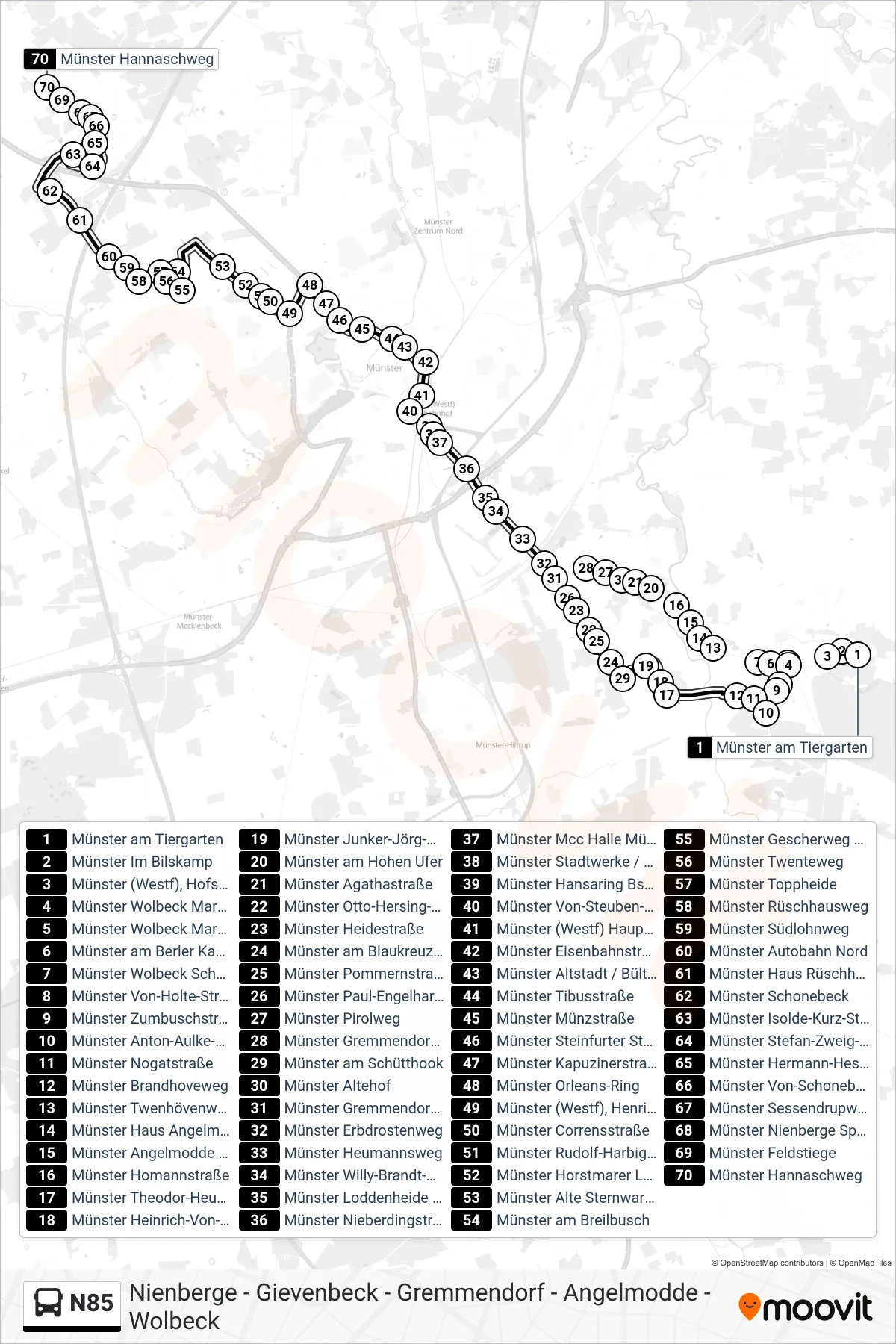 N85 bus Line (Münster Hannaschweg) route and stops on a map