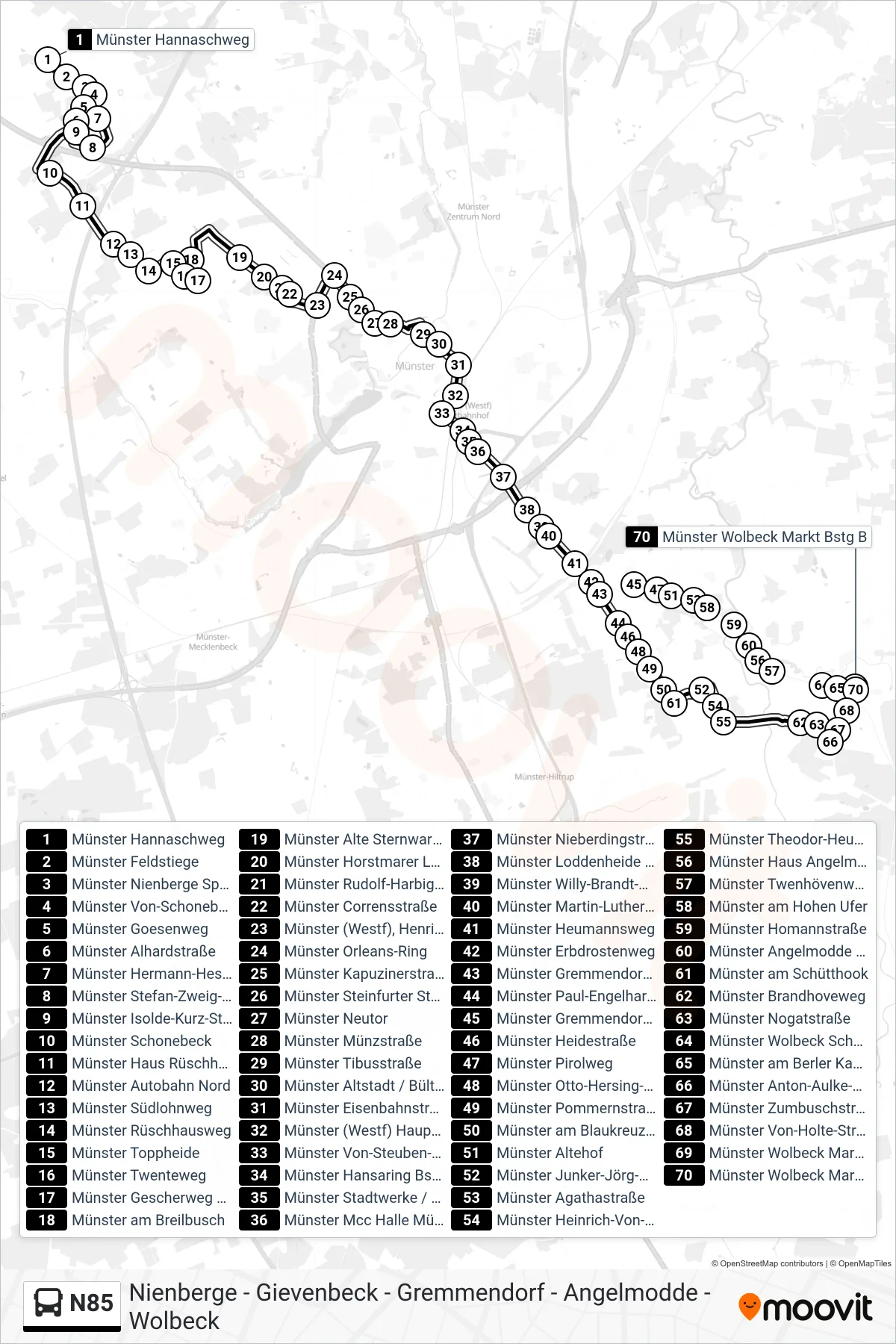 N85 bus Line (Wolbeck Markt) route and stops on a map