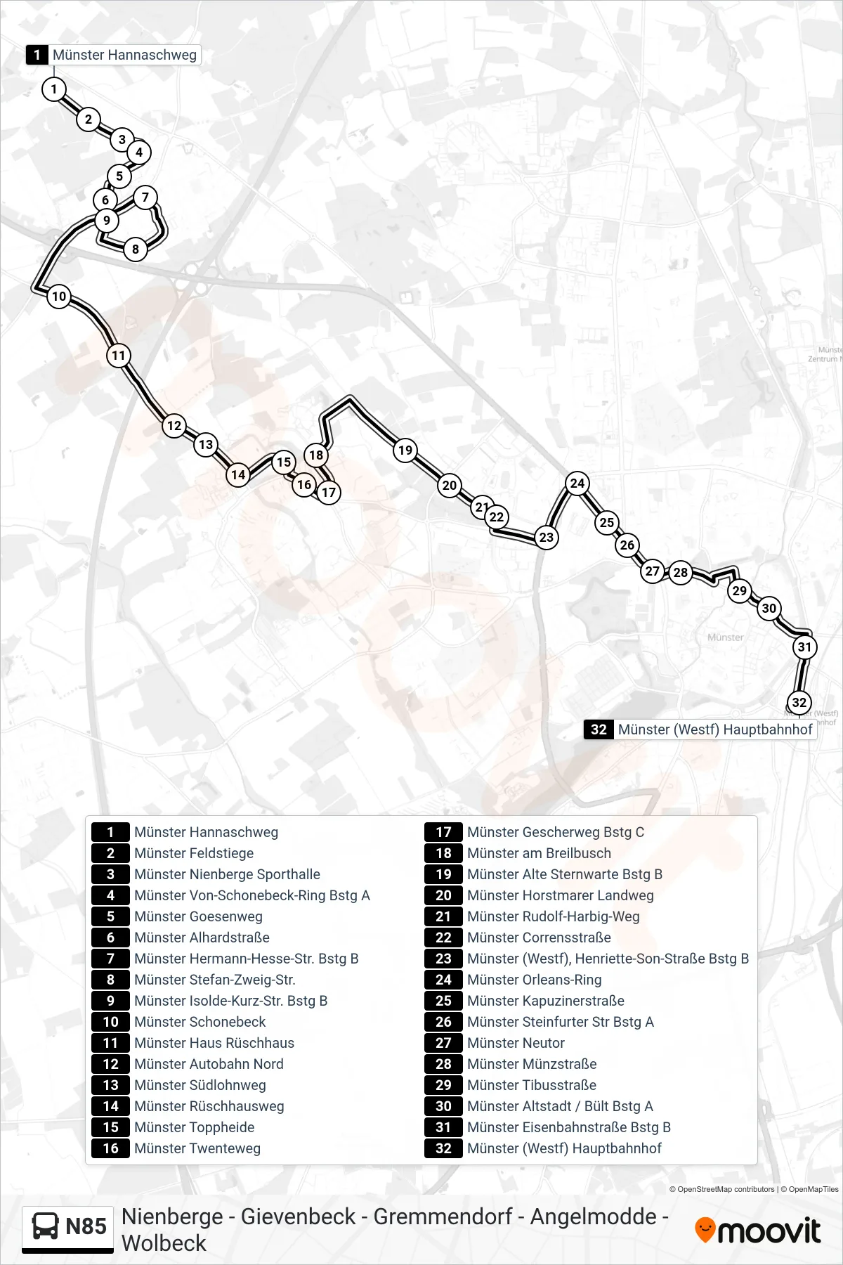 N85 bus Line (Hauptbahnhof) route and stops on a map