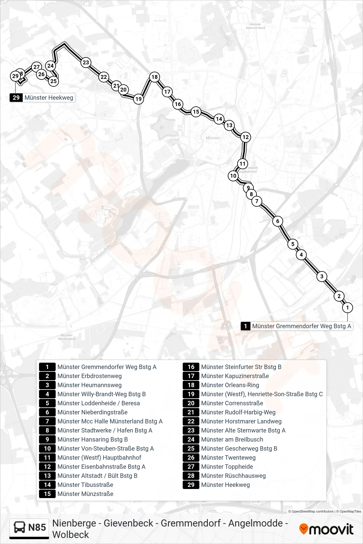 N85 bus Line (Gievenbeck Heekweg) route and stops on a map