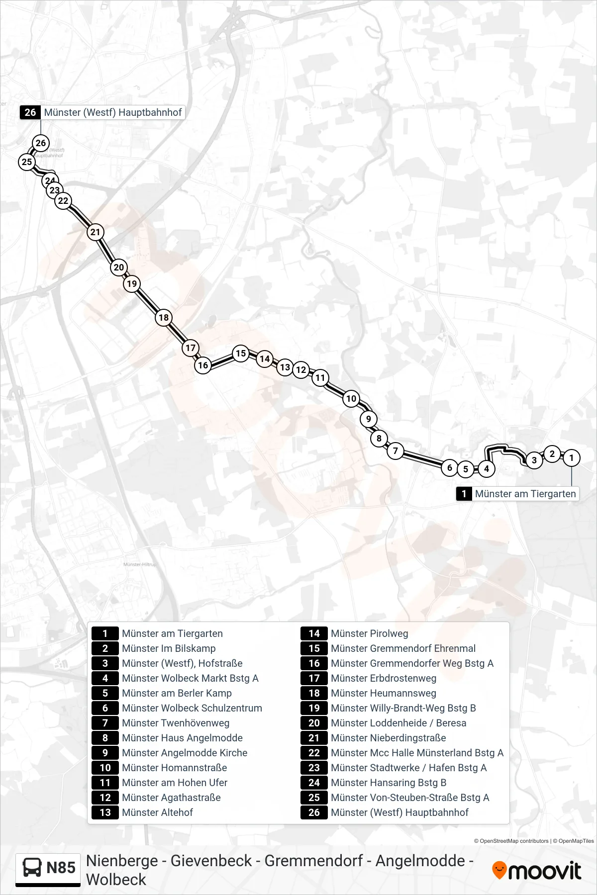 N85 bus Line (Hauptbahnhof) route and stops on a map