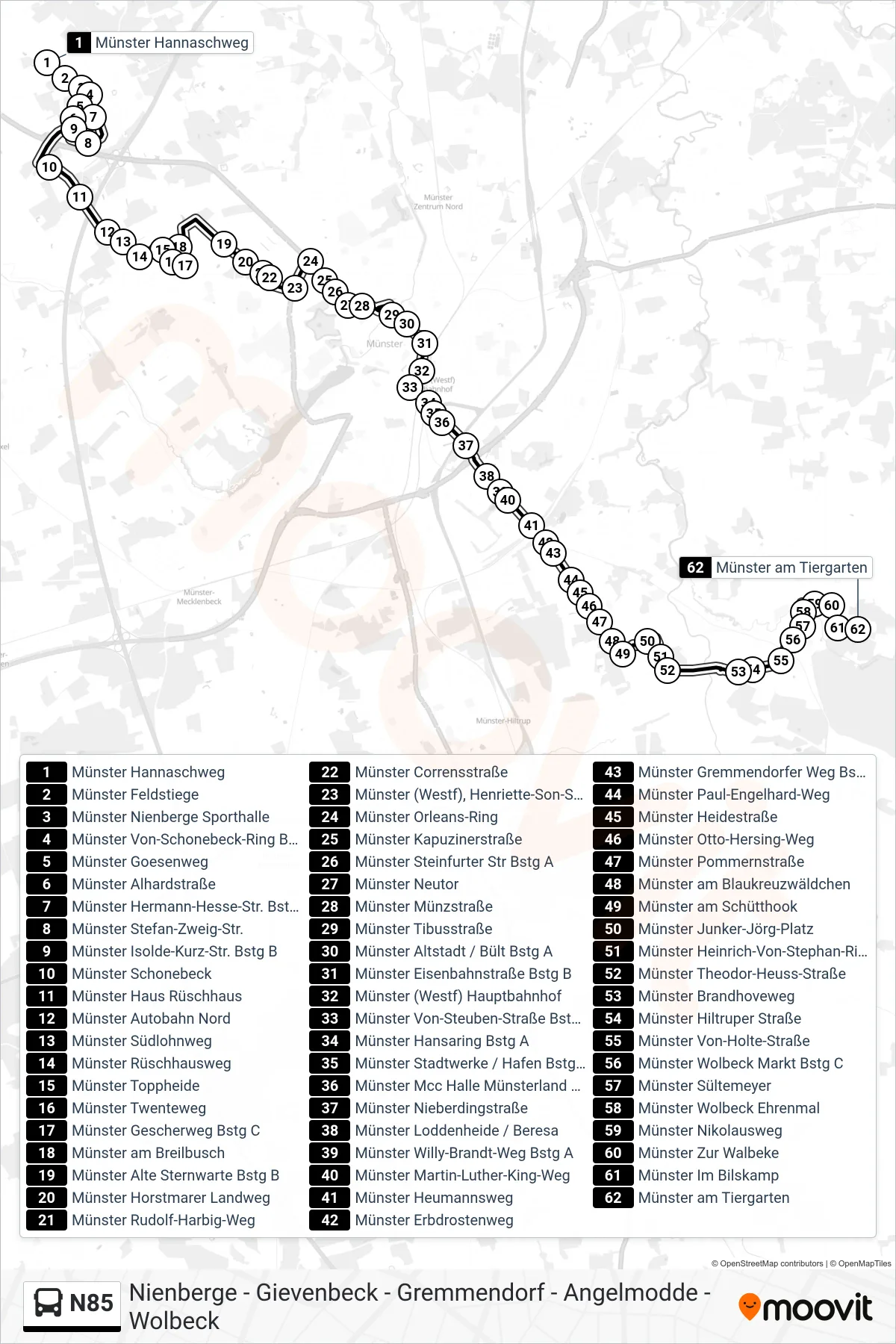 N85 bus Line (Wolbeck Tiergarten) route and stops on a map