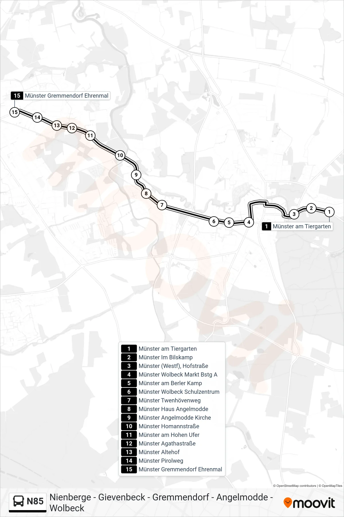 N85 bus Line (Gremmendorf Ehrenmal) route and stops on a map