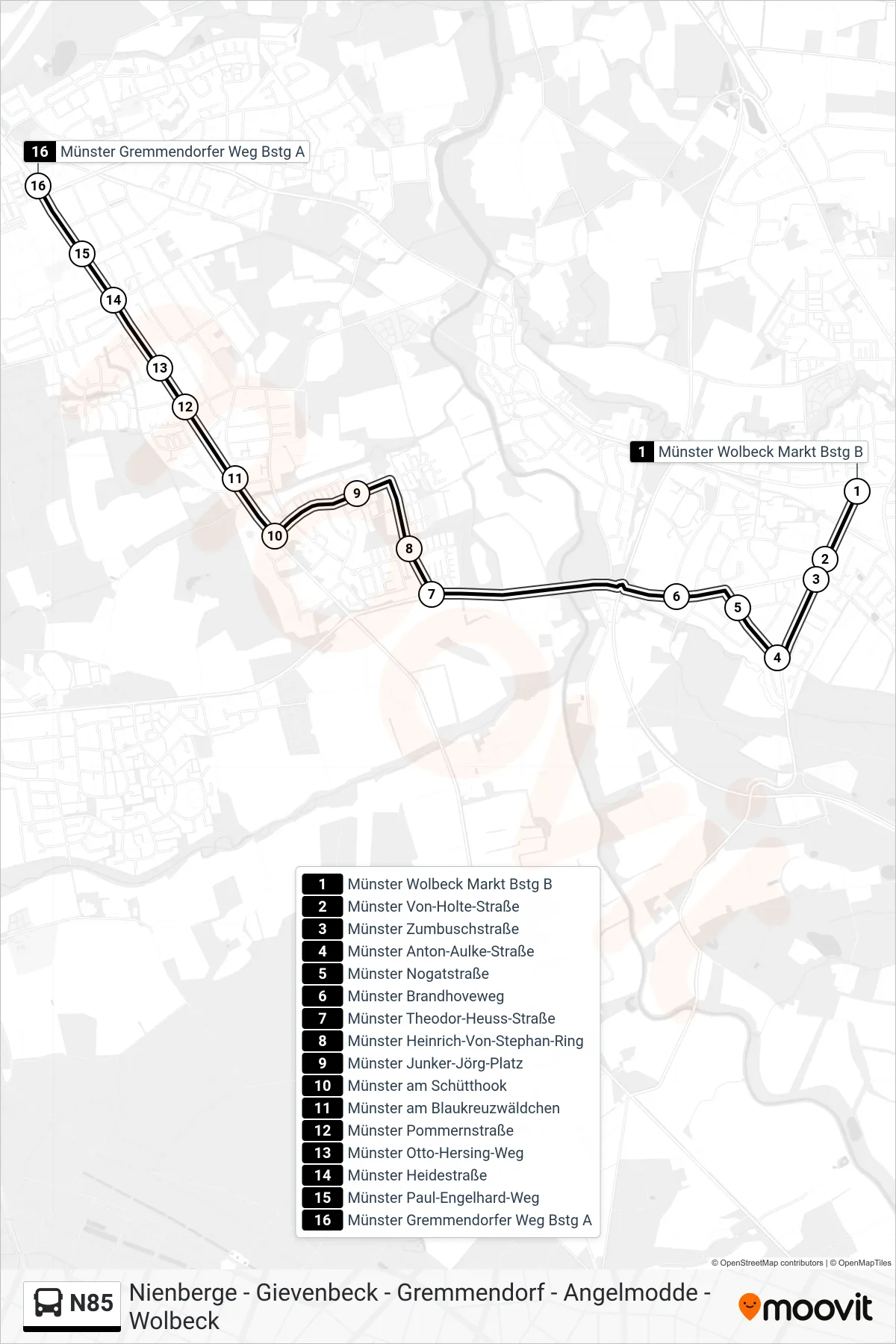 Linie N85 (Bus) Richtung Gremmendorfer Weg: Route und Haltestellen auf der Karte
