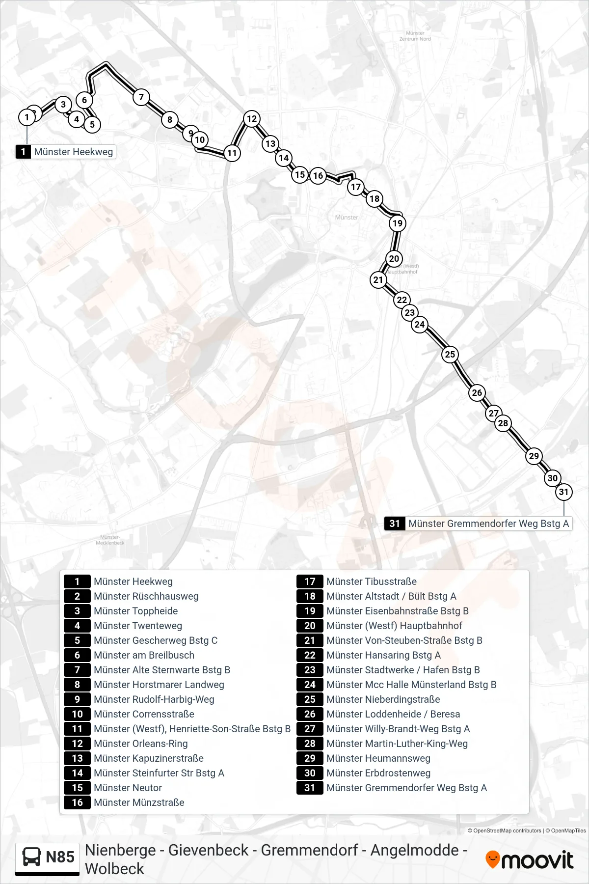 N85 bus Line (Gremmendorfer Weg) route and stops on a map
