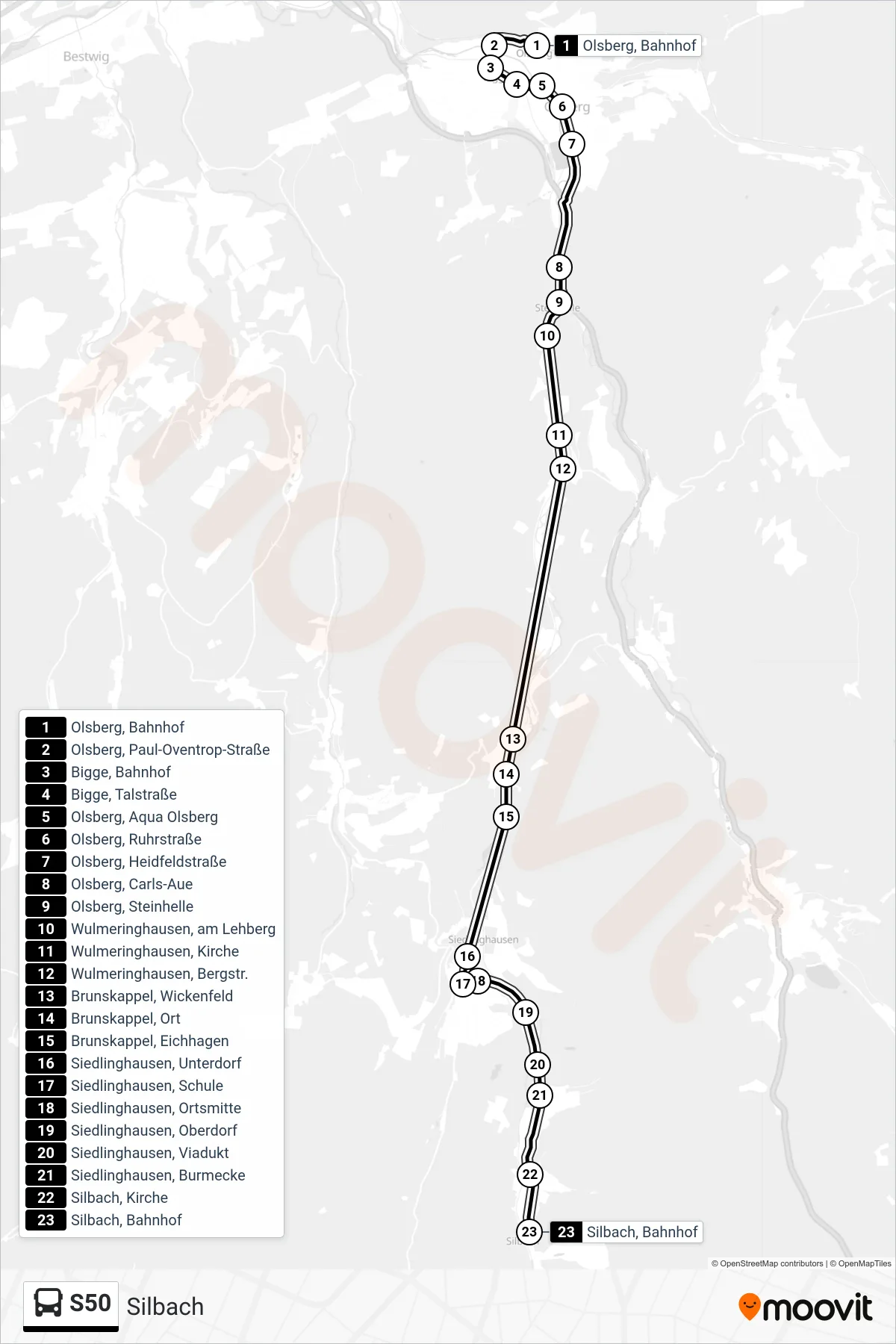 S50 bus Line (Silbach) route and stops on a map