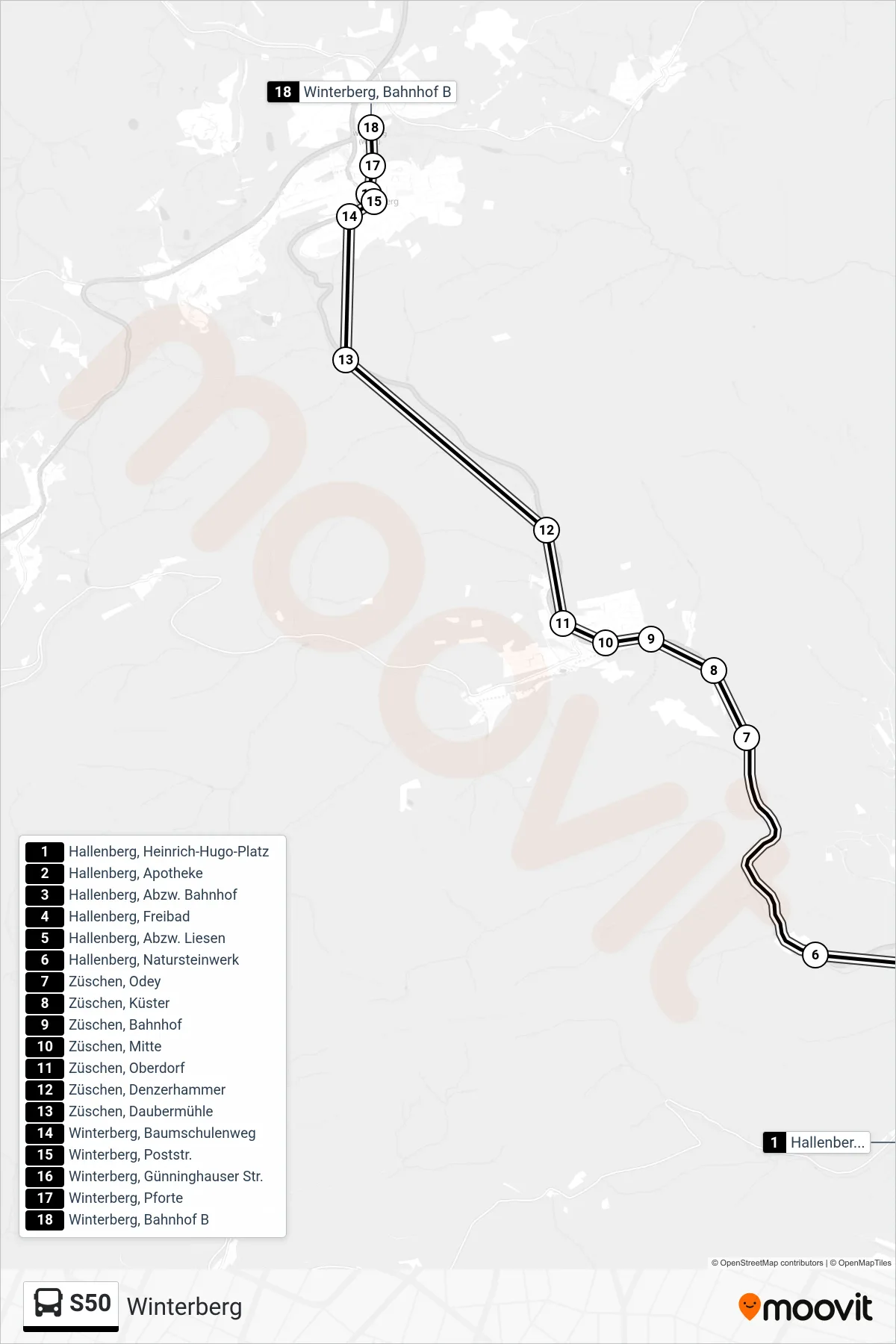 S50 bus Line (Winterberg) route and stops on a map