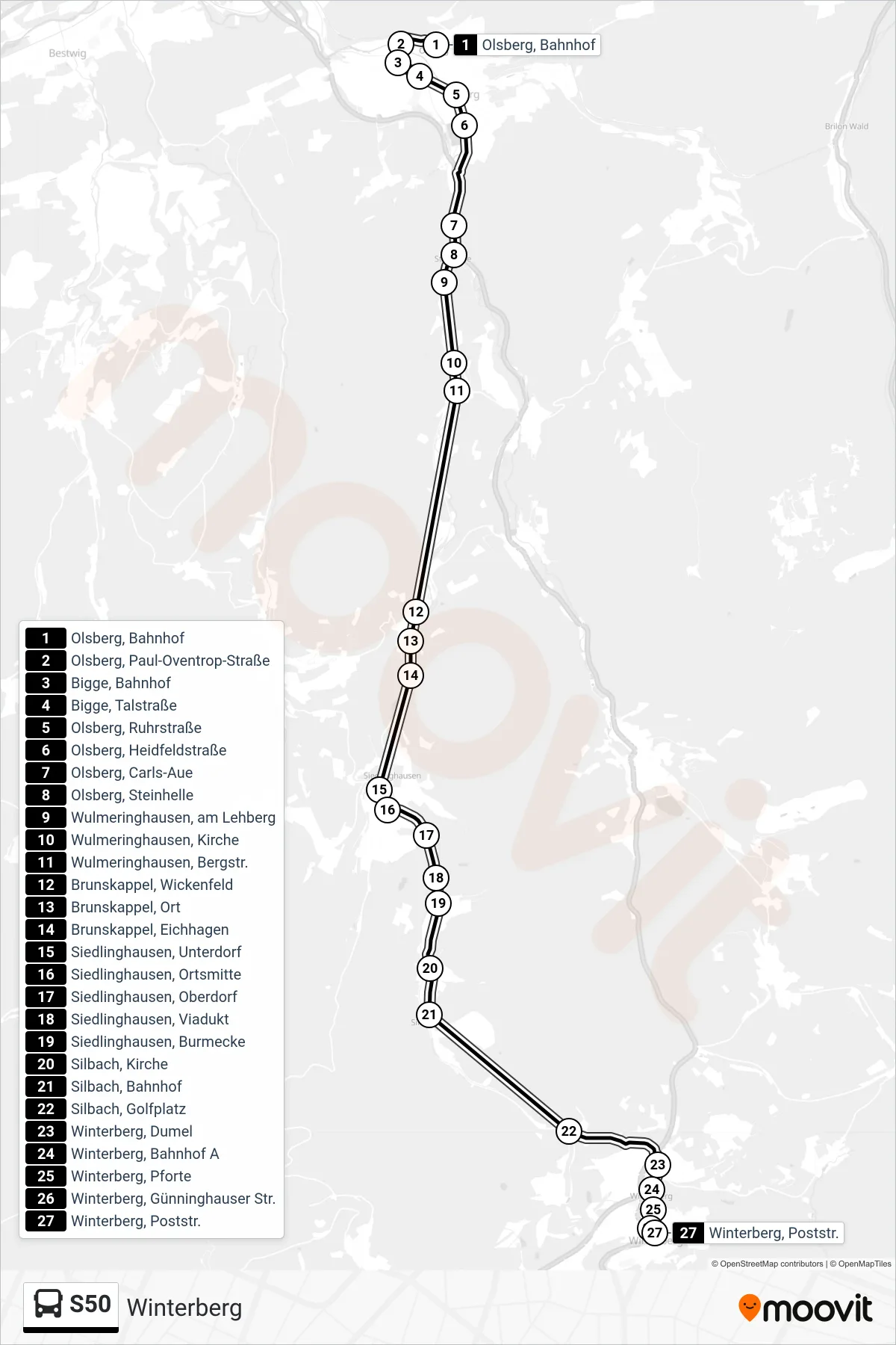 S50 bus Line (Winterberg) route and stops on a map