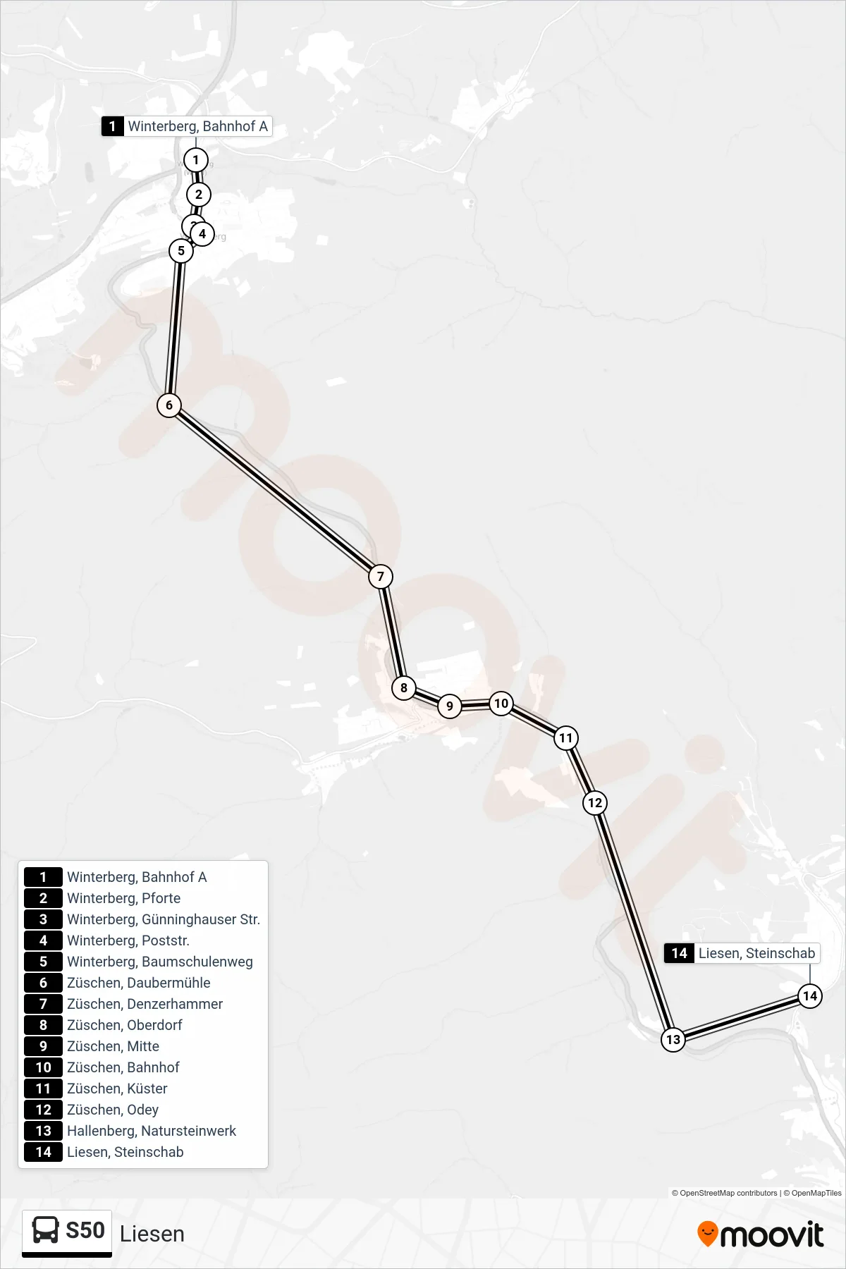 S50 bus Line (Liesen) route and stops on a map