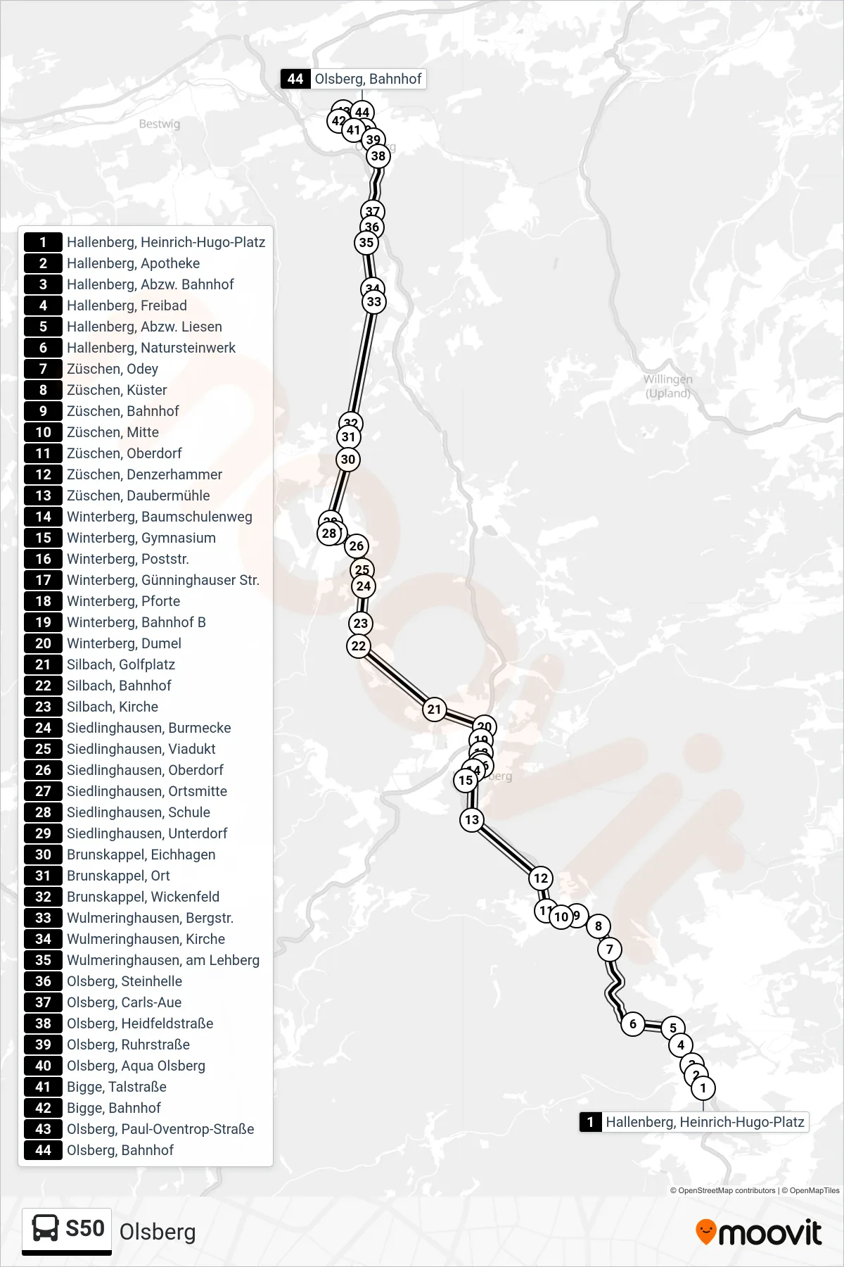 Linie S50 (Bus) Richtung Olsberg: Route und Haltestellen auf der Karte