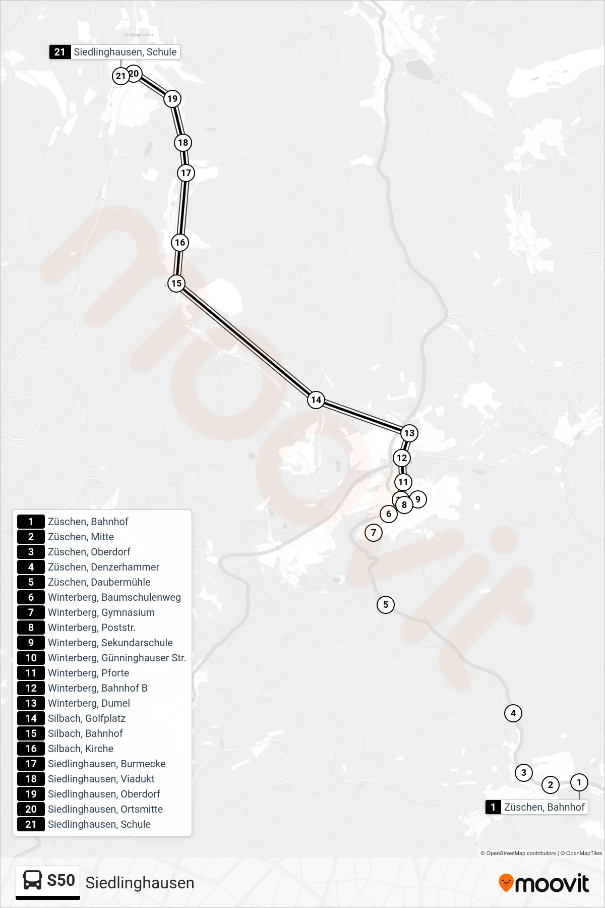 S50 bus Line (Siedlinghausen) route and stops on a map