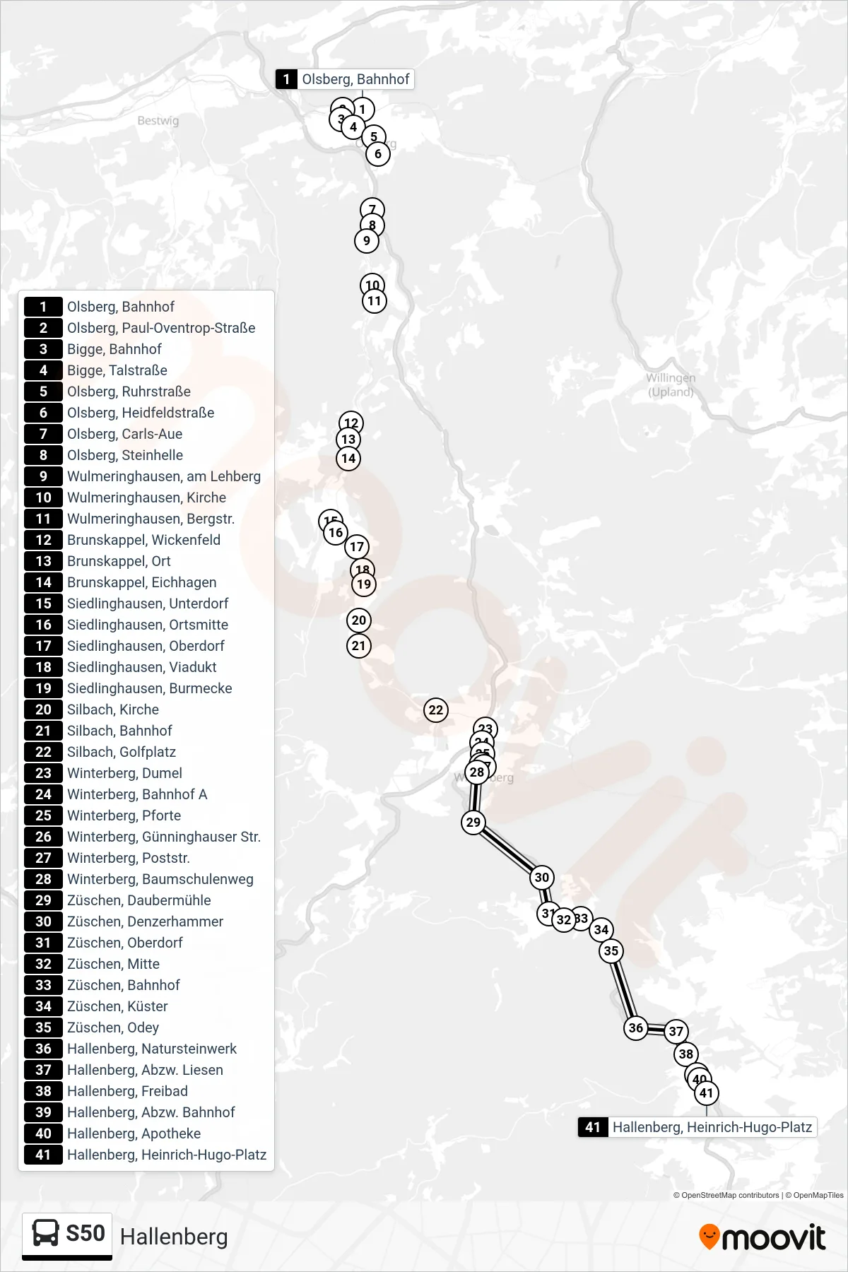 S50 bus Line (Hallenberg) route and stops on a map