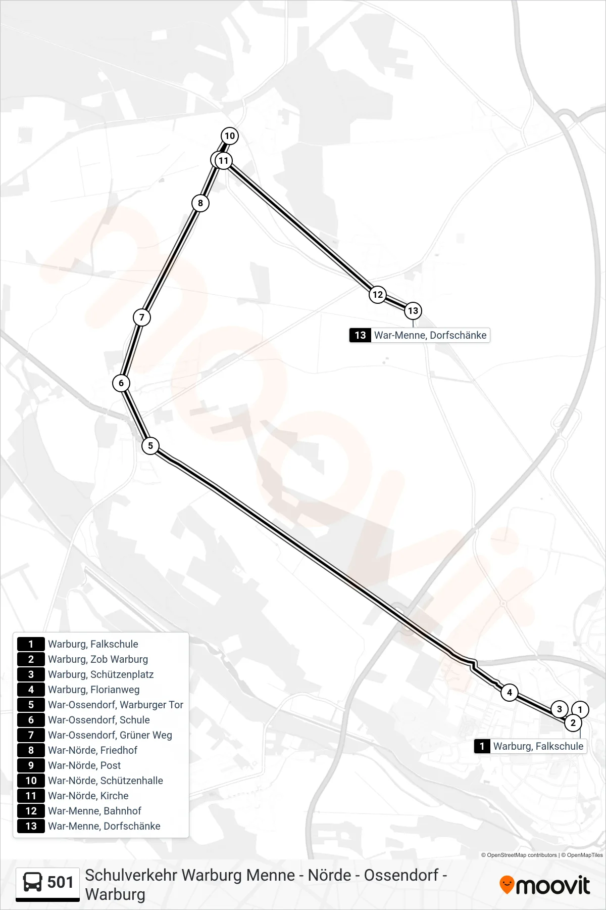501 bus Line (War-Menne, Dorfschänke) route and stops on a map
