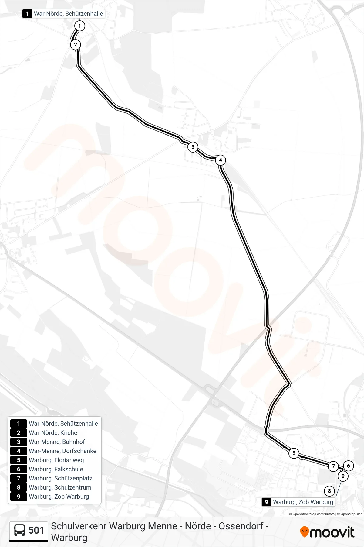 501 bus Line (Warburg, Zob Warburg) route and stops on a map