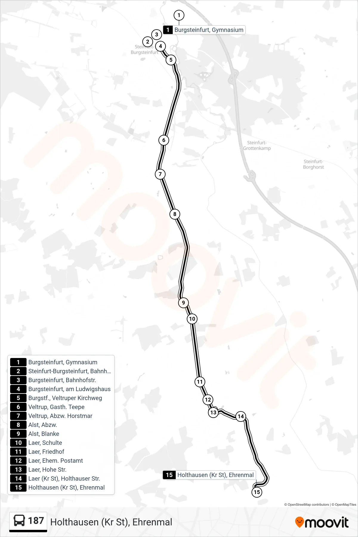 187 bus Line (Holthausen (Kr St), Ehrenmal) route and stops on a map