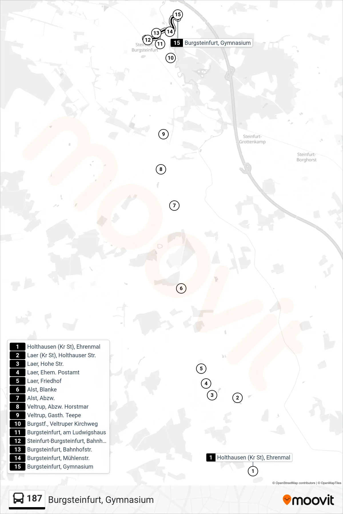 187 bus Line (Burgsteinfurt, Gymnasium) route and stops on a map