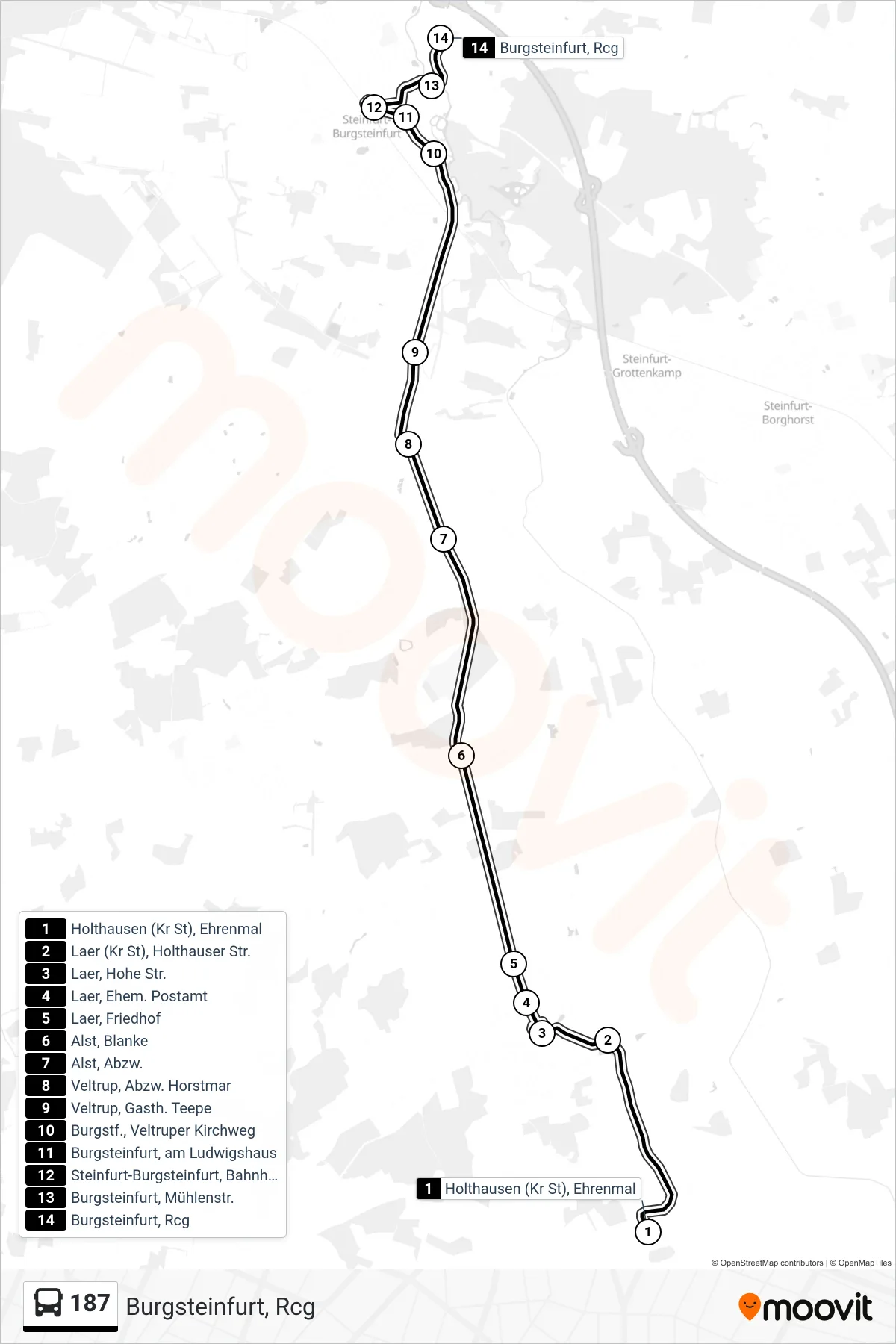 Linie 187 (Bus) Richtung Burgsteinfurt, Rcg: Route und Haltestellen auf der Karte