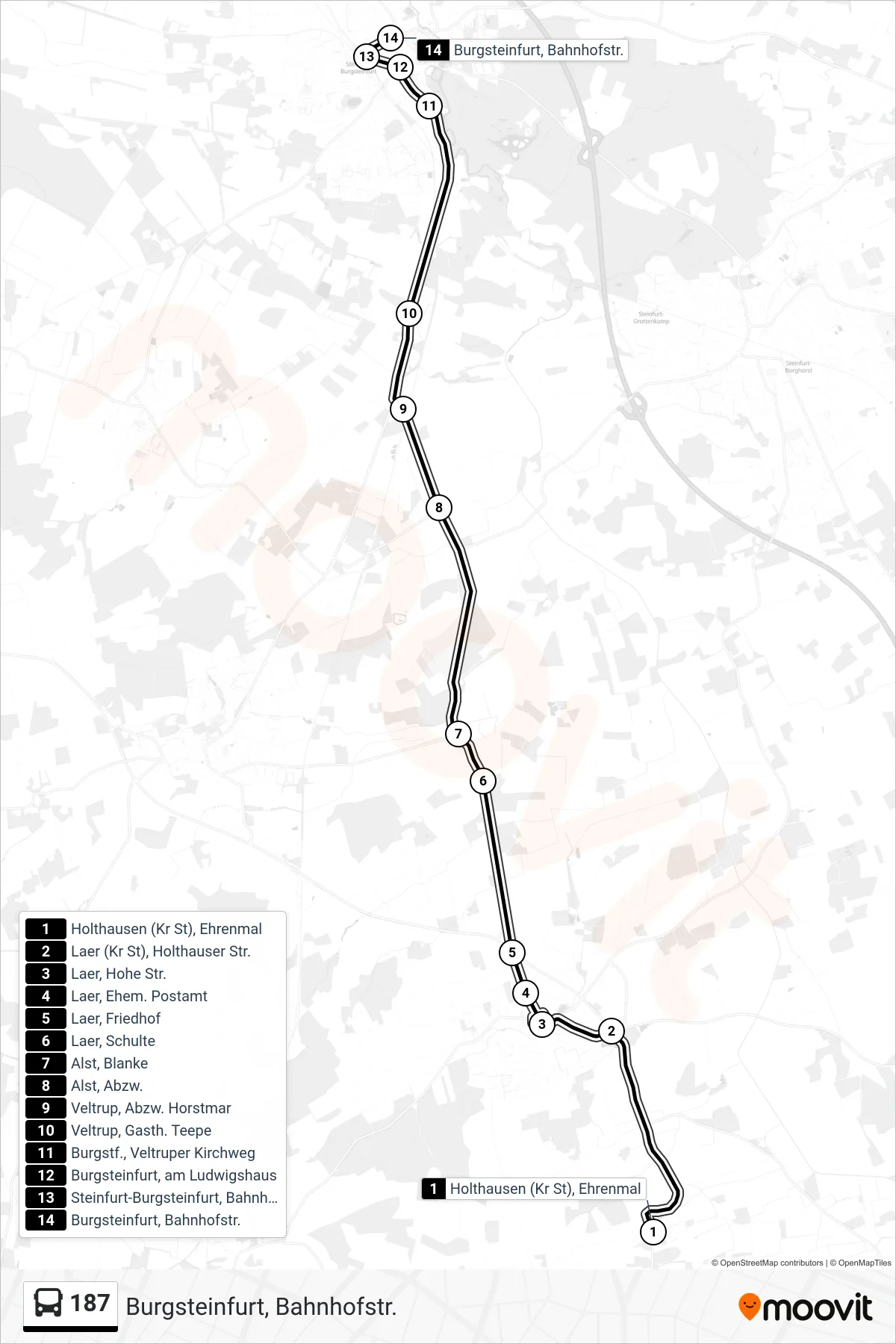 187 bus Line (Burgsteinfurt, Bahnhofstr.) route and stops on a map