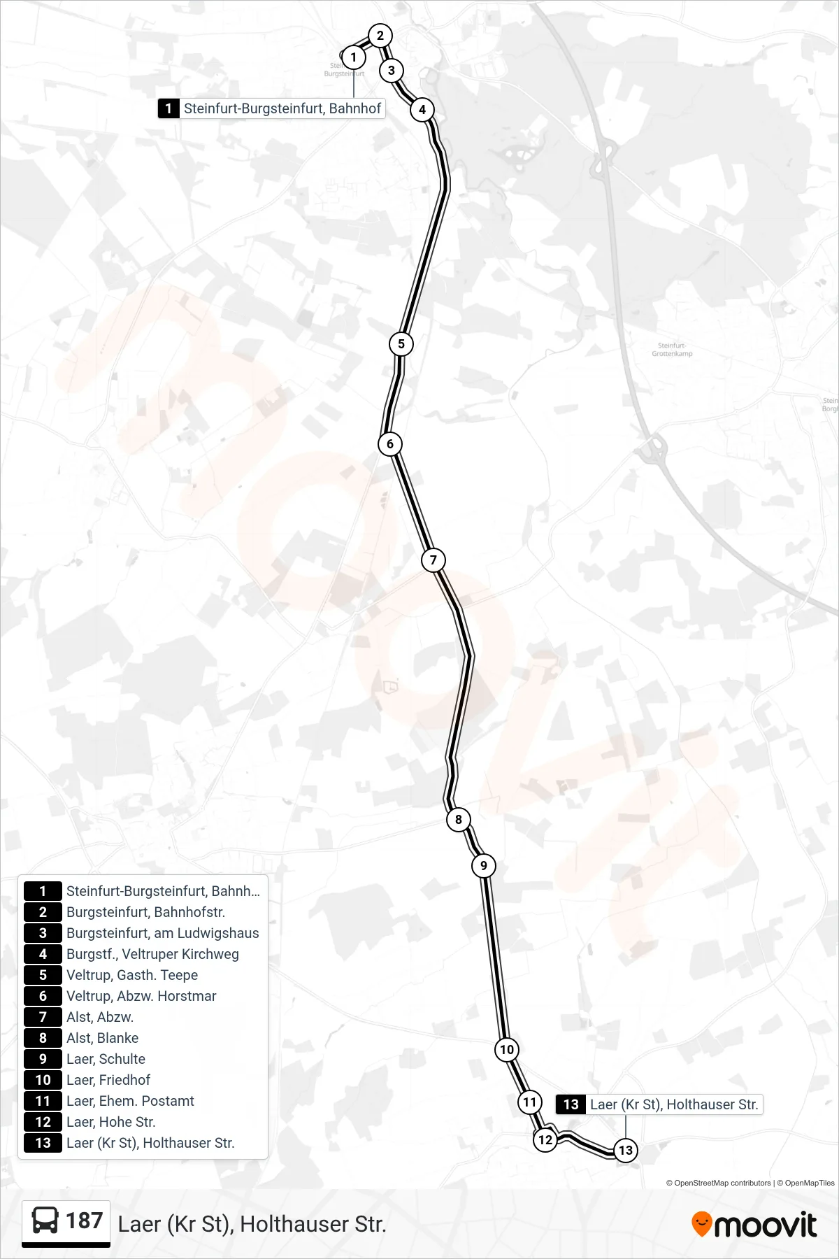 187 bus Line (Laer (Kr St), Holthauser Str.) route and stops on a map