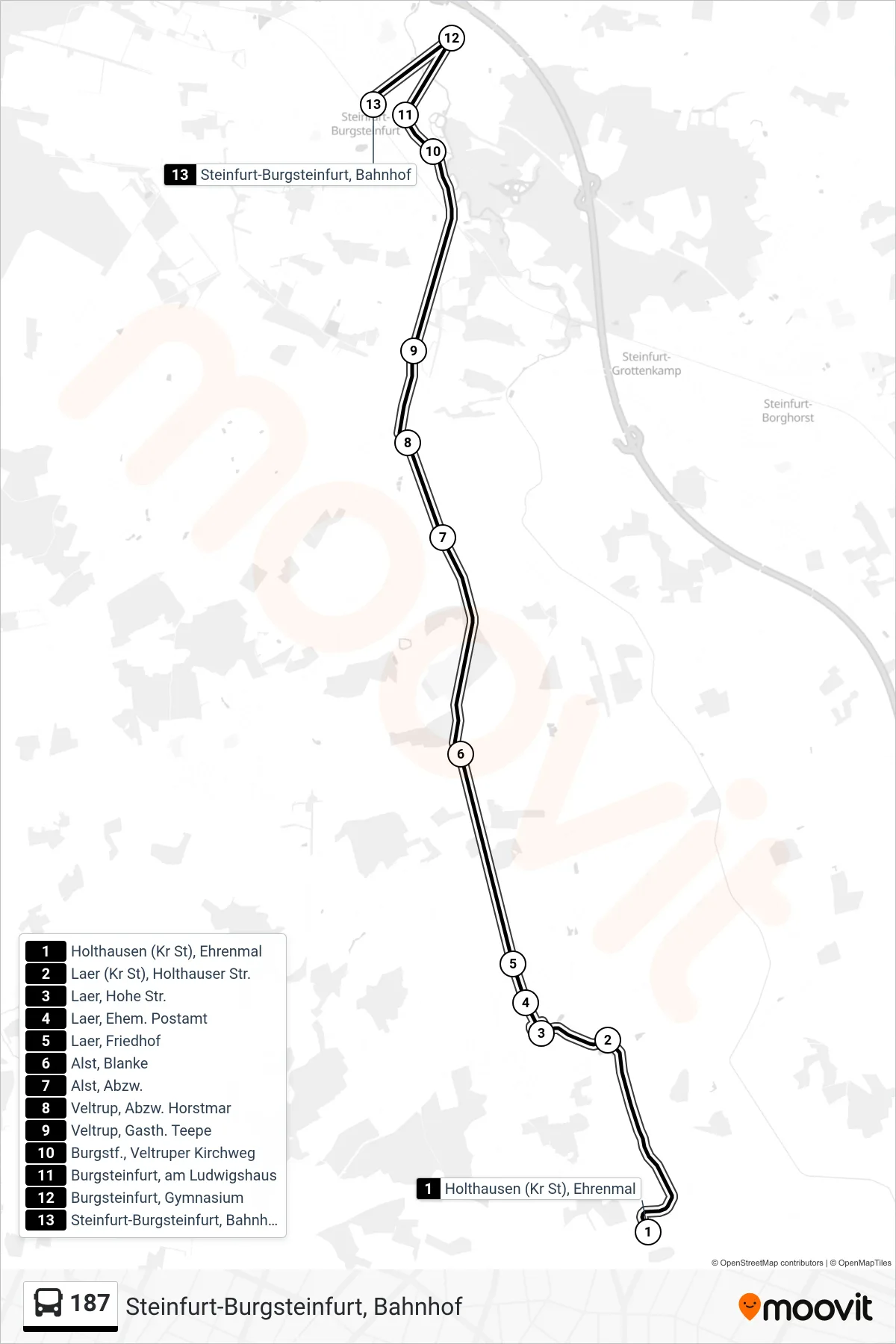 187 bus Line (Steinfurt-Burgsteinfurt, Bahnhof) route and stops on a map