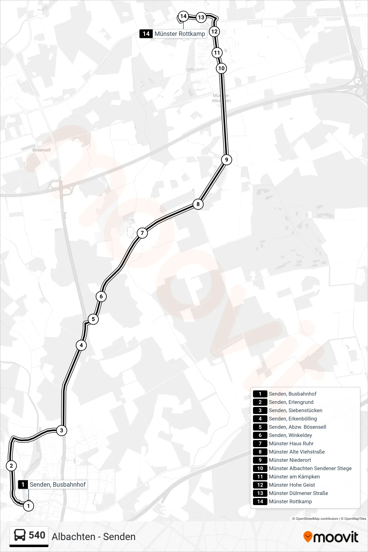 540 bus Line (Münster Rottkamp) route and stops on a map