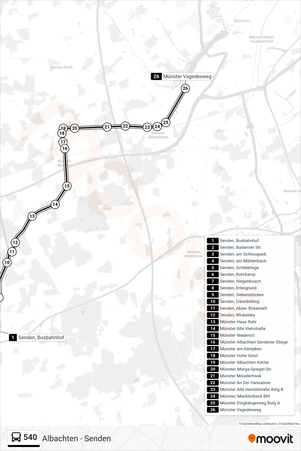 Linie 540 (Bus) Richtung Münster Vagedesweg: Route und Haltestellen auf der Karte
