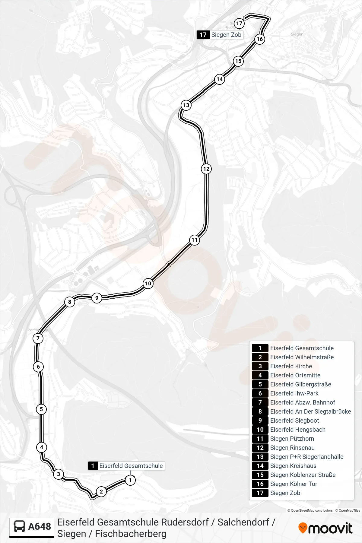 A648 bus Line (Siegen Zob Bstg A) route and stops on a map