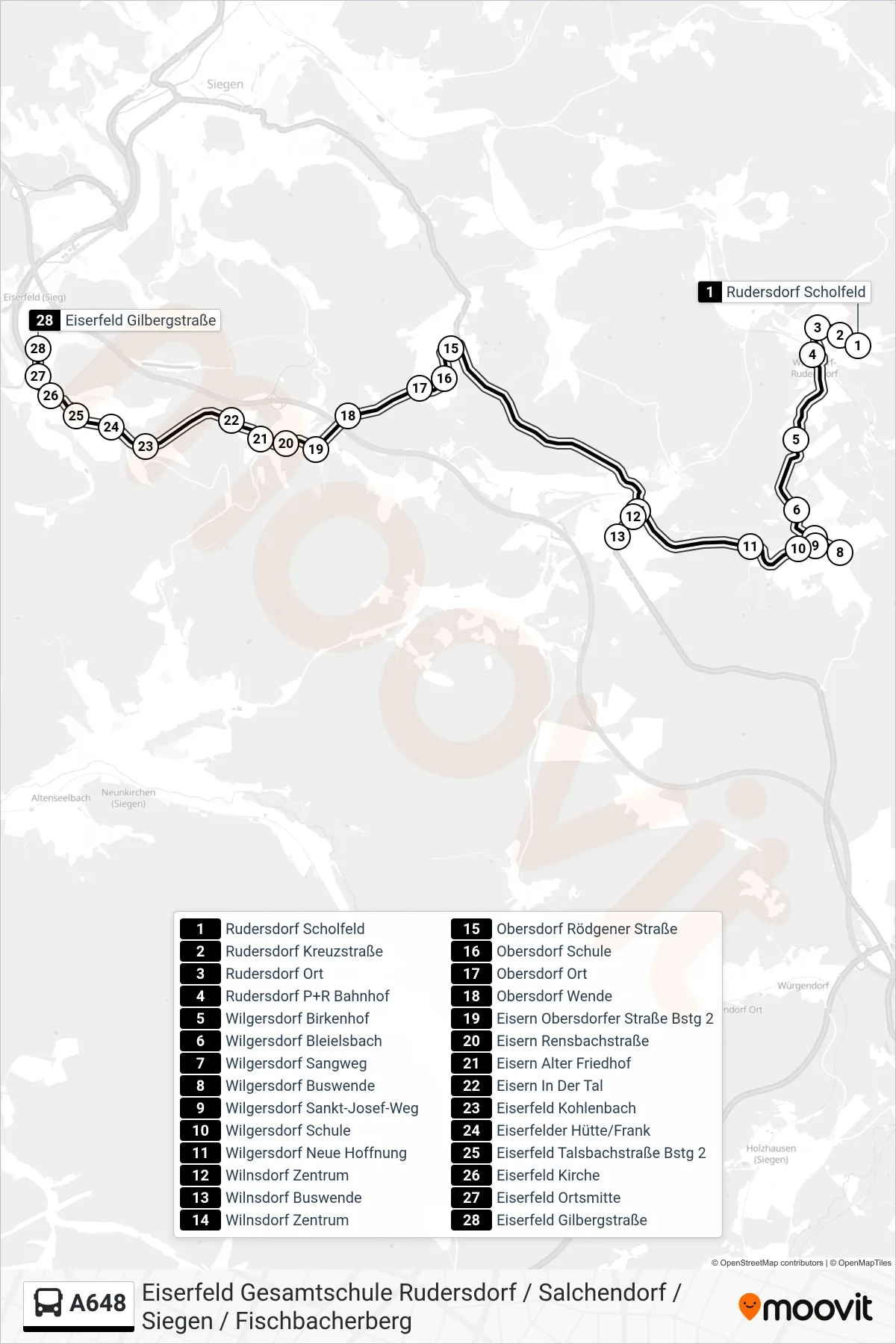 A648 bus Line (Eiserfeld Gilbergstraße) route and stops on a map