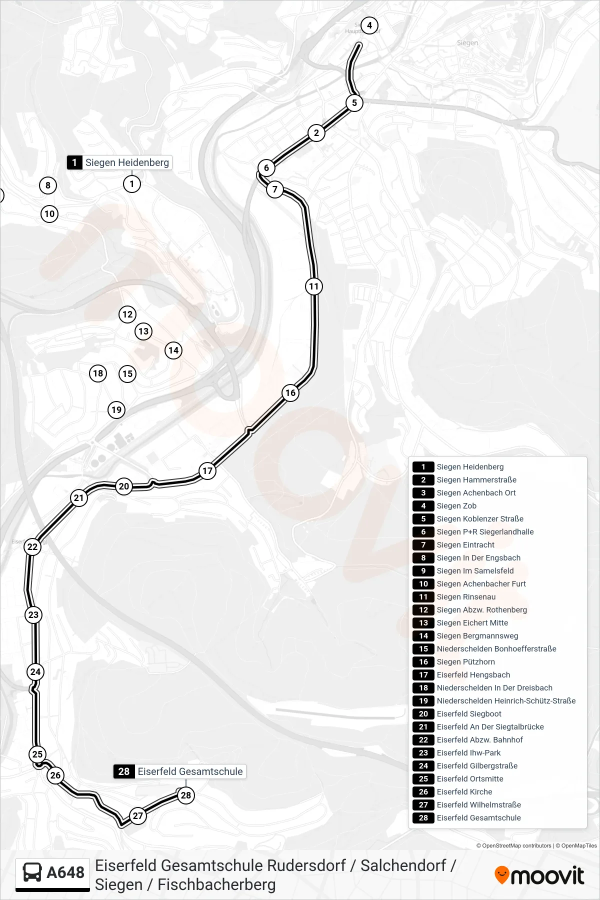 A648 bus Line (Eiserfeld Gesamtschule Bstg 3) route and stops on a map